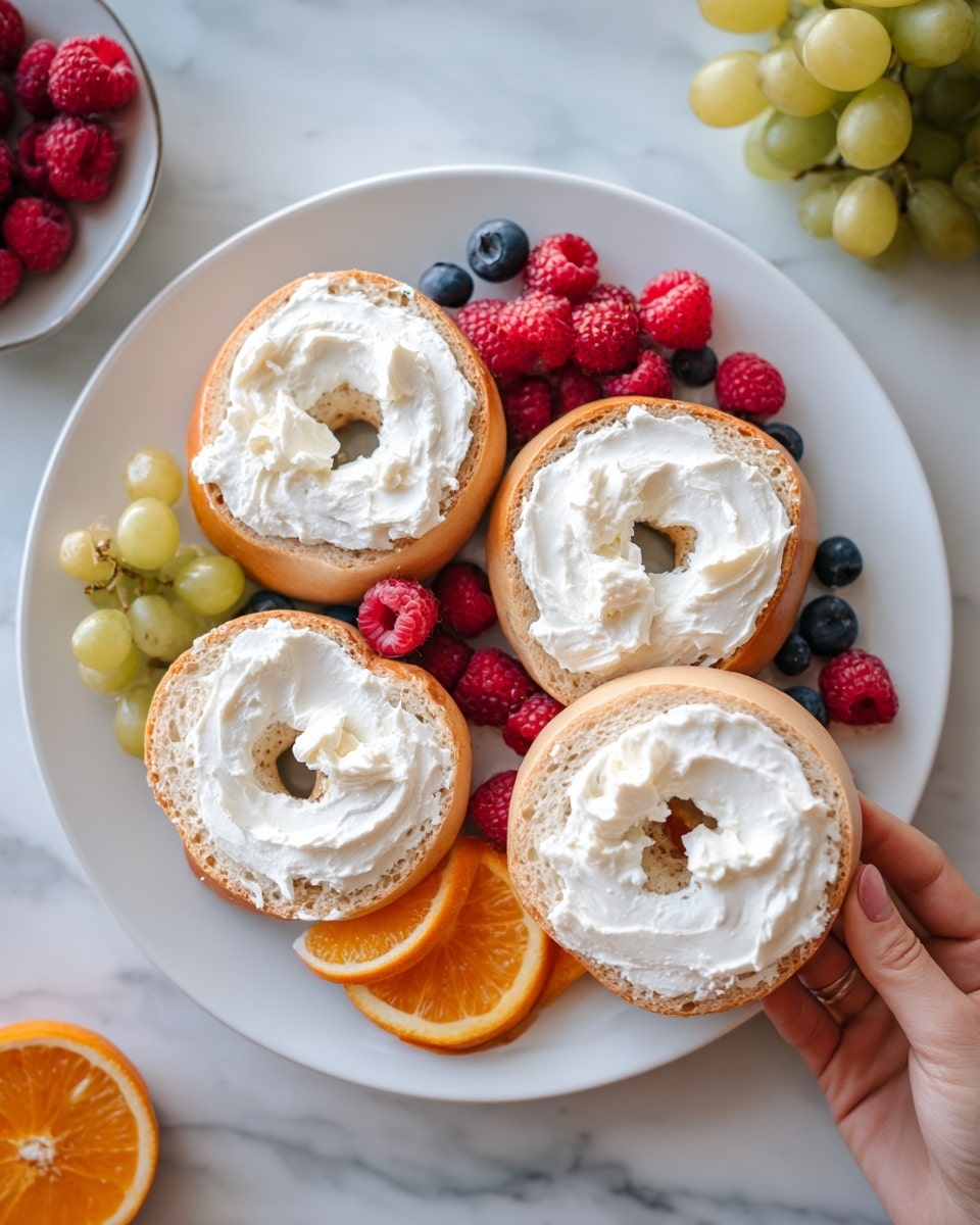 A white plate filled with four coconut-covered bagels sliced in half, each half generously layered with thick, creamy white cheese. The bagels have a golden-brown crust with a textured, crunchy coconut topping. Behind the bagels is a colorful, fresh fruit arrangement including red raspberries, plump green grapes, dark red grapes, blueberries, and slices of orange, all resting on a white marbled surface. A woman's hand is reaching from the side towards the plate. Photo taken with an iphone --ar 4:5 --v 7