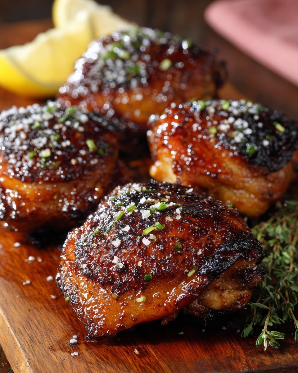The image shows four pieces of golden-brown roasted chicken thighs stacked in a pile on a wooden surface with herbs scattered around. The chicken skin looks crispy with some salt flakes on top, and the meat underneath appears juicy and tender. In the background, there is a small dollop of white sauce and a lemon wedge partly visible. Photo taken with an iphone --ar 4:5 --v 7