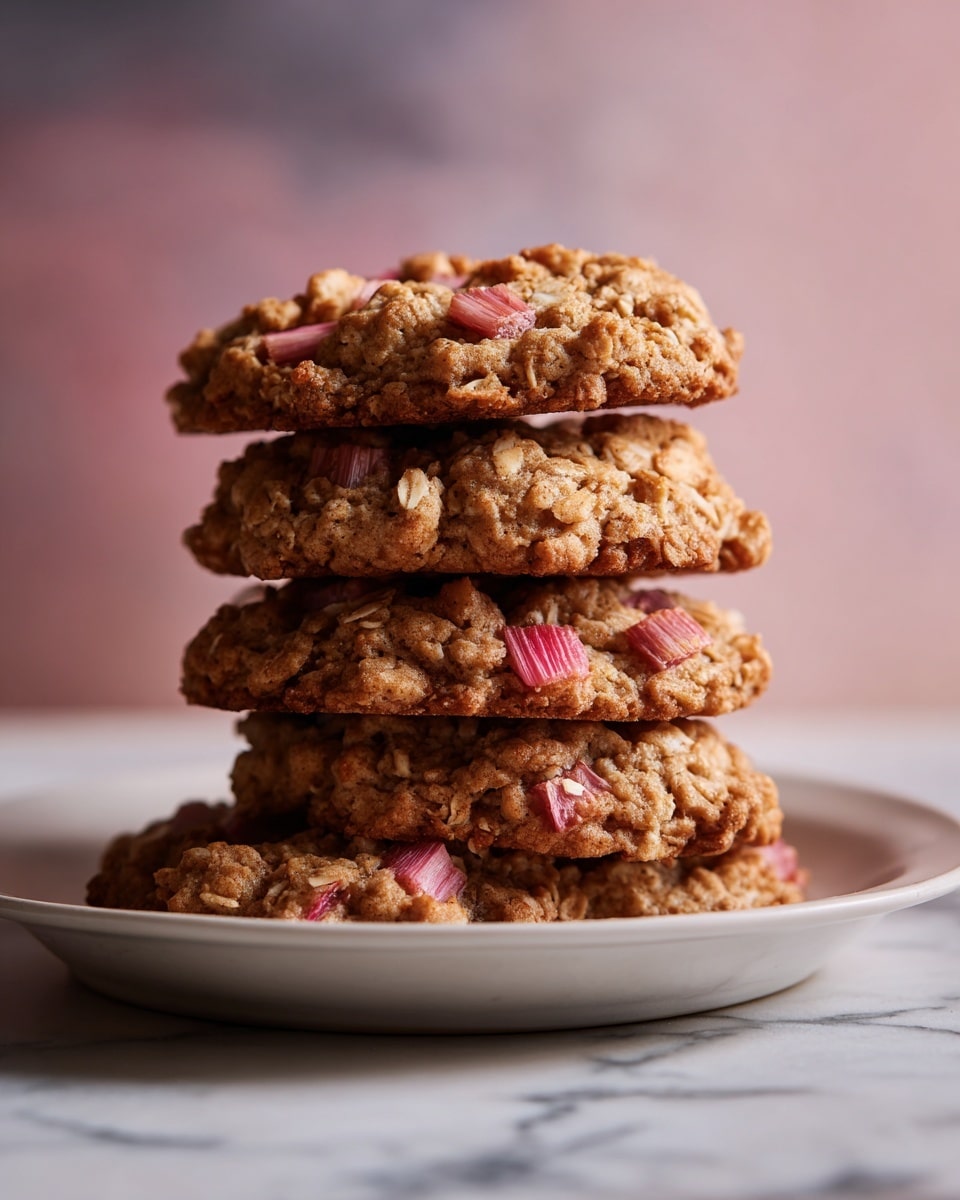 A close-up image of a group of oatmeal cookies on a white plate, each cookie showing a rough, bumpy texture with golden-brown edges and visible oatmeal pieces. Some cookies have small chunks of pink rhubarb embedded on the top, adding a pop of color against the warm brown shades of the baked dough. The plate sits on a wooden surface with out-of-focus pink rhubarb stalks in the background, creating a cozy, homemade feel. photo taken with an iphone --ar 4:5 --v 7