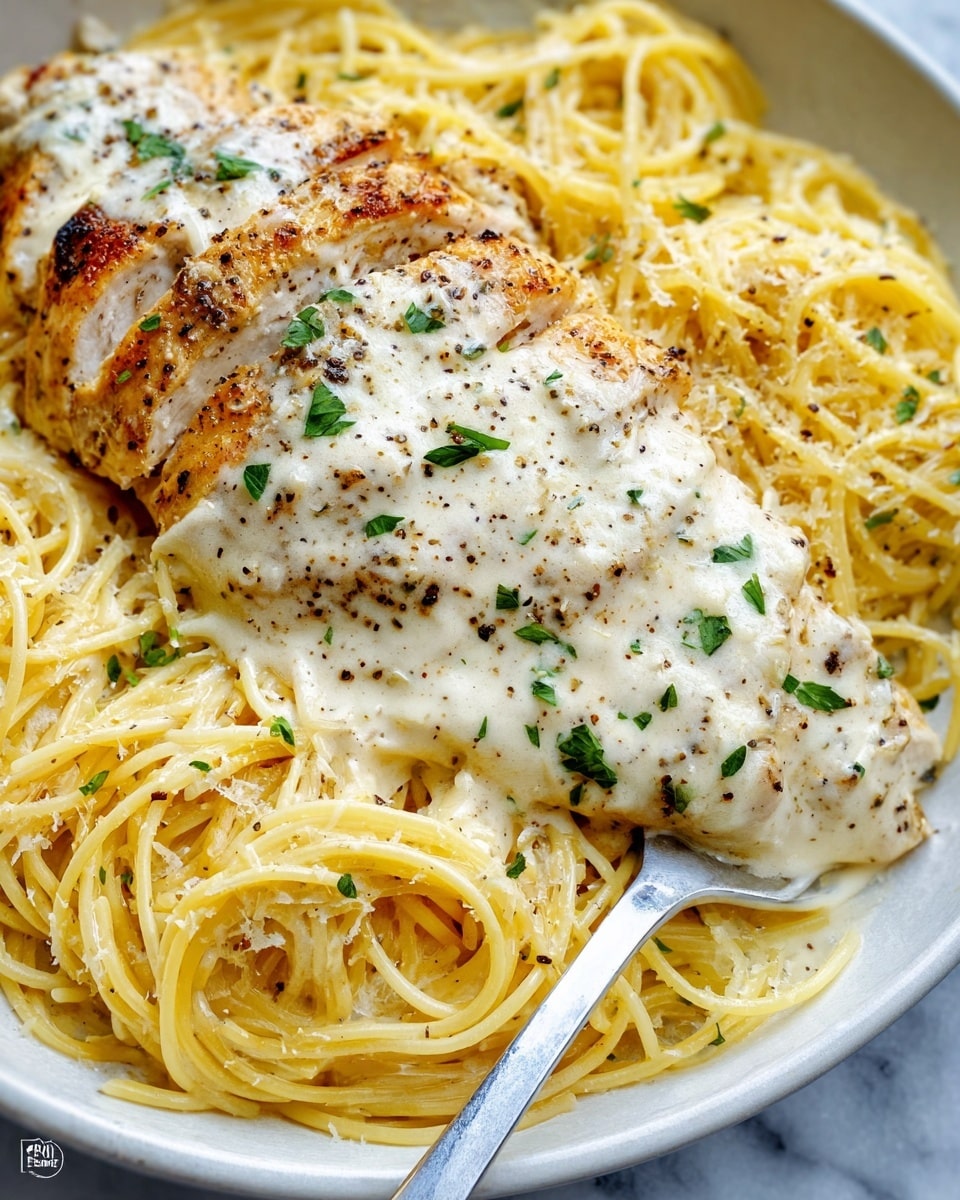 A close-up view of a white plate filled with creamy spaghetti pasta coated in a smooth, light beige sauce. On top lies a single piece of golden-brown cooked chicken breast, lightly speckled with black pepper and small green herb bits. The pasta strands underneath are twisted and tangled, shining slightly from the sauce, with some sprinkled grated cheese and chopped green herbs adding color contrast. A metal fork is partially placed under the spaghetti, lifting a small bundle of noodles. The dish is set on a white marbled surface. Photo taken with an iphone --ar 4:5 --v 7