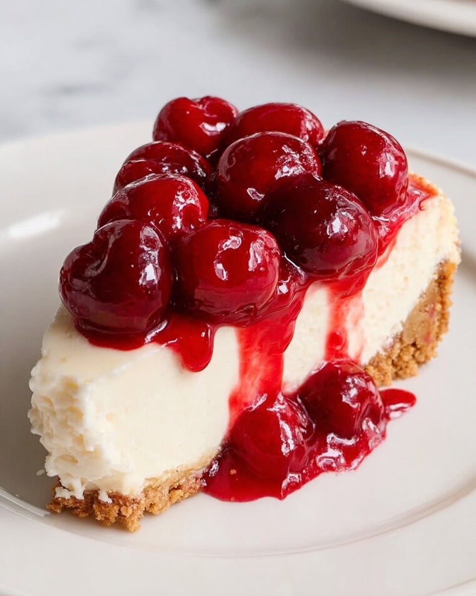 A slice of cherry cheesecake on a white plate sits on a white marbled surface, showing three visible layers: the bottom light beige crumbly crust, the middle thick smooth creamy white cheesecake layer, and the top glossy bright red cherry topping with whole cherries and juicy syrup dripping down the sides. Photo taken with an iphone --ar 4:5 --v 7