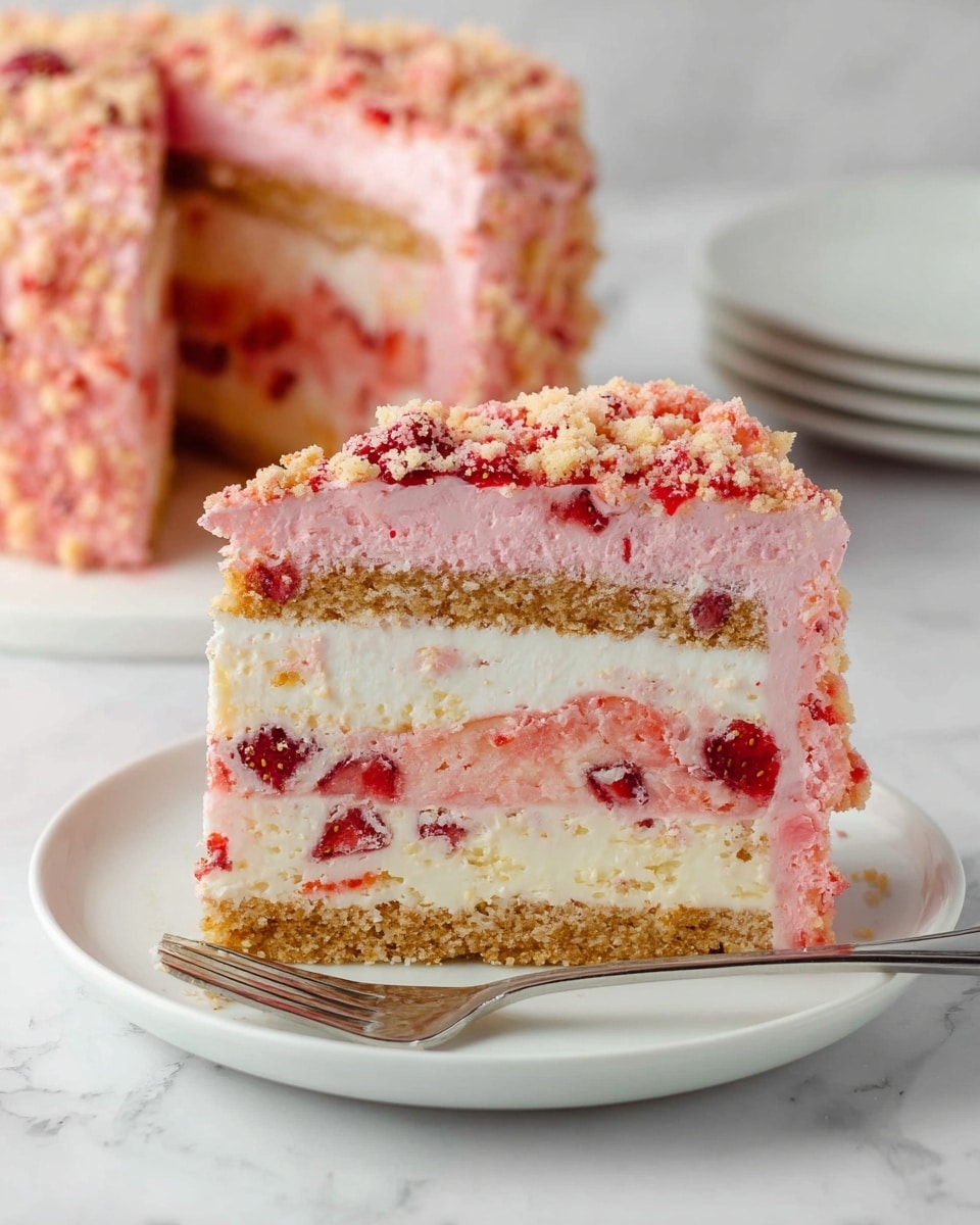 A slice of layered pink and white cake sits on a white plate with a silver fork next to it, placed on a white marbled surface. The cake slice shows five layers: a bottom layer of dense pink cake, a thin white creamy layer mixed with red chunks, a crumbly brown layer resembling crushed cookies, a thicker white creamy layer with red fruit pieces inside, and a top pink cake layer topped with a crumbly pink and white sprinkle mix. In the background, the remaining cake reveals the same layers with a textured crumb topping all around. Photo taken with an iphone --ar 4:5 --v 7