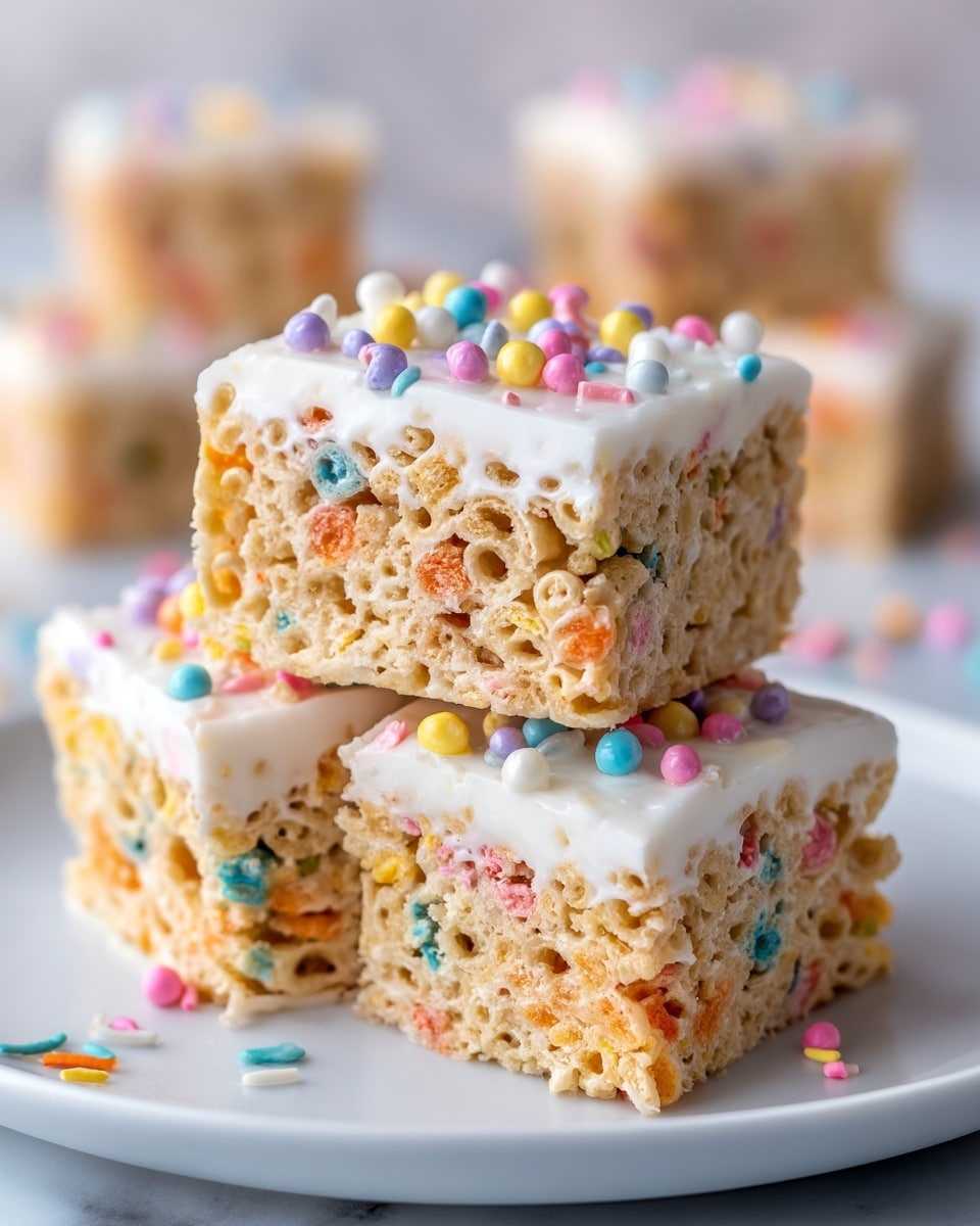 The image shows a close-up of four square cereal treats stacked on a white plate with a white marbled surface beneath. Each treat has a base layer made of crispy cereal mixed with colorful small candy pieces. The top layer is a smooth white frosting glistening slightly and covered with small, round, colorful sprinkles scattered on the frosting and some spilled on the surface. The texture of the cereal layer looks crunchy, while the frosting appears creamy and soft. Photo taken with an iphone --ar 4:5 --v 7