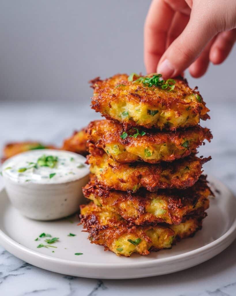 Crispy Parmesan Zucchini Fritters with Garlic Herb Yogurt Dip Recipe