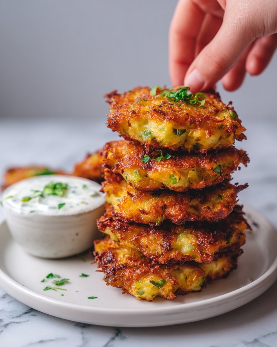 A white plate holds five golden-brown crispy fritters with green bits inside, each showing a crunchy, uneven texture. The fritters are stacked slightly overlapping in a neat group, and small green herbs are sprinkled on top for color. Near the fritters, there is a small bowl of white creamy sauce with green herb garnish, placed on the same white marbled surface. A woman's hand is reaching to pick one fritter from the plate. Photo taken with an iphone --ar 4:5 --v 7