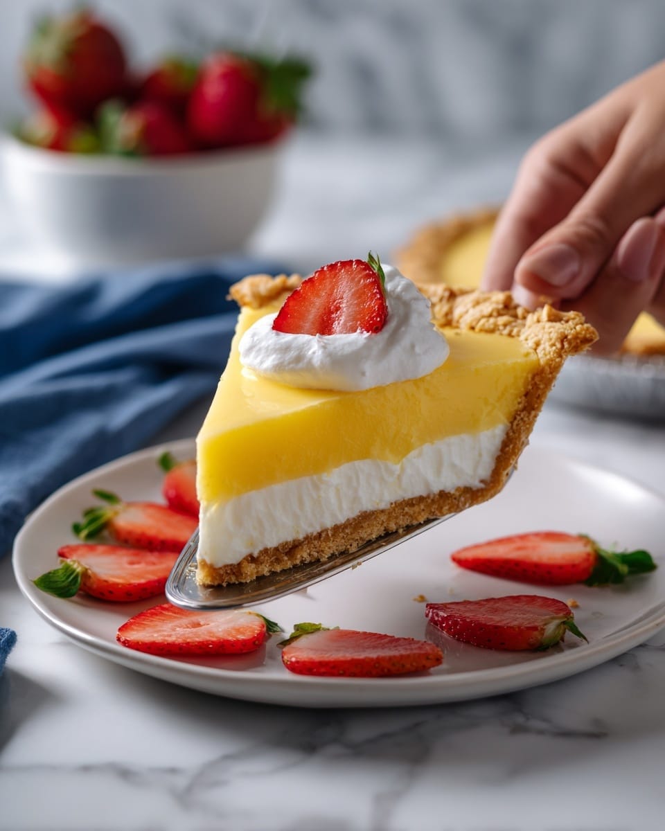 A close-up of a slice of pie being lifted with a silver pie server, showing three layers: a light golden flaky crust at the bottom, a thick pale yellow custard filling in the middle, and a smooth, slightly darker golden brown top layer. The slice is topped with a small, bright red strawberry half with visible seeds and white flesh near the center. The pie dish is white with a scalloped edge, resting on a white marbled surface, decorated with scattered sliced strawberries and green leaves. In the background, a white bowl filled with whole strawberries can be seen against a soft blue backdrop. Photo taken with an iphone --ar 4:5 --v 7