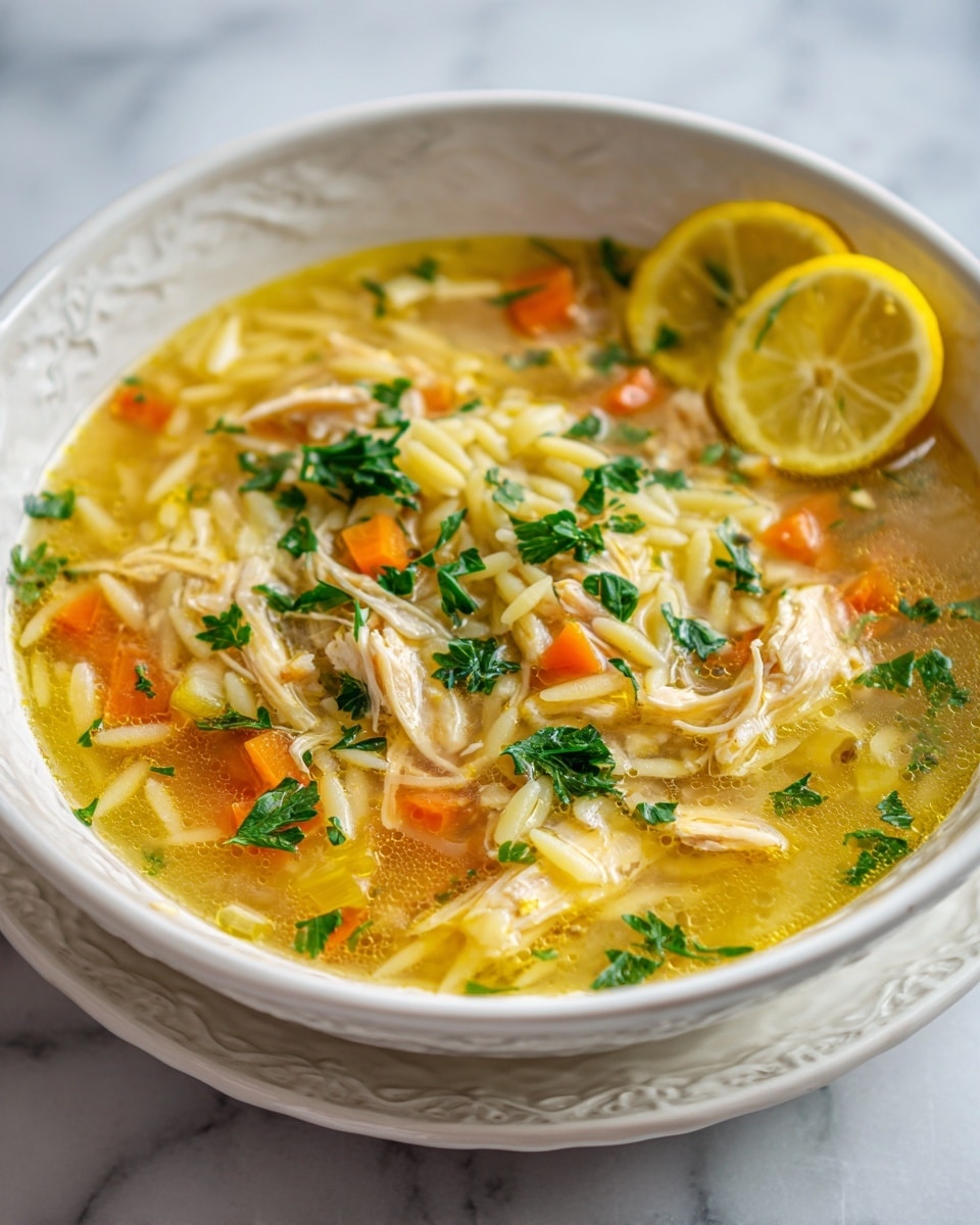 A close-up view of a white bowl with detailed patterns around the edge, filled with clear chicken soup containing shredded chicken, small orange carrot slices, yellow celery, and orzo pasta. Two thin lemon slices rest on the left side inside the bowl. The soup is topped with fresh green chopped parsley and specks of black pepper scattered across the surface. The bowl sits on a white marbled surface. Photo taken with an iphone --ar 4:5 --v 7