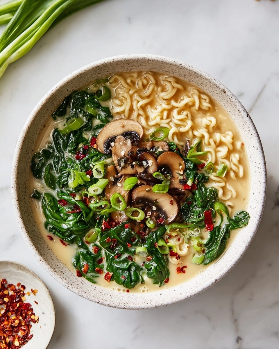 A white speckled bowl filled with pale creamy broth holding soft curly pale yellow noodles as the base layer, topped with bright dark green spinach leaves spread across the surface. On top of the spinach, there are slices of light brown mushrooms clustered in the center, garnished with small pieces of green onions and scattered red chili flakes adding pops of color. The bowl is placed on a white marbled surface, with some green onion stalks and a small white dish of chili flakes nearby. Photo taken with an iphone --ar 4:5 --v 7