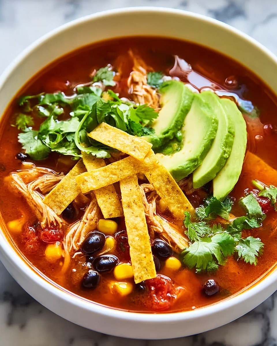 A white bowl filled with a deep red soup containing visible black beans, yellow corn, and shredded chicken. On top of the soup, there are yellow tortilla strips arranged in a small pile, along with three slices of green avocado placed to one side. Bright green cilantro leaves are scattered on top and around the tortilla strips. The bowl sits on a white marbled surface. photo taken with an iphone --ar 4:5 --v 7