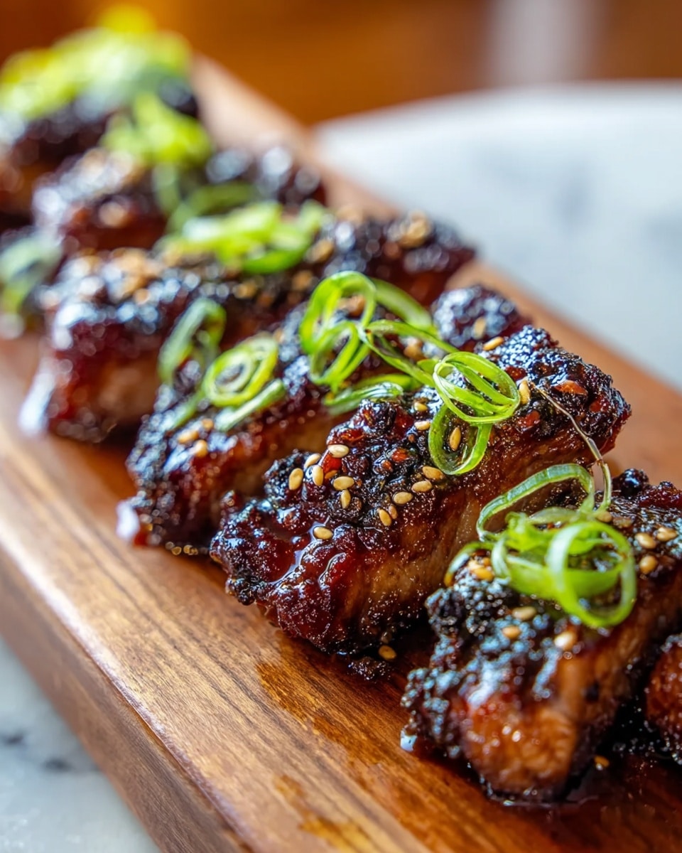 A close-up of several pieces of glazed, grilled meat with a dark caramelized crust and juicy inside placed in a row on a wooden board, each piece topped with fresh green sliced scallions and sprinkled with sesame seeds, the texture looks sticky and shiny with a rich brown color and slightly charred edges, set on a surface with a white marbled texture in soft natural light, photo taken with an iphone --ar 4:5 --v 7