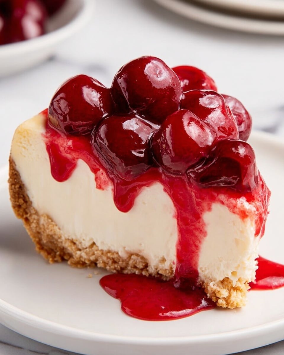 A close-up view of a single slice of cherry cheesecake on a white plate, showing three clear layers: a crumbly light brown crust at the bottom, a thick smooth and creamy white middle layer of cheesecake, and a shiny bright red cherry topping with whole cherries and syrup dripping down the sides. The background is a white marbled texture. photo taken with an iphone --ar 4:5 --v 7