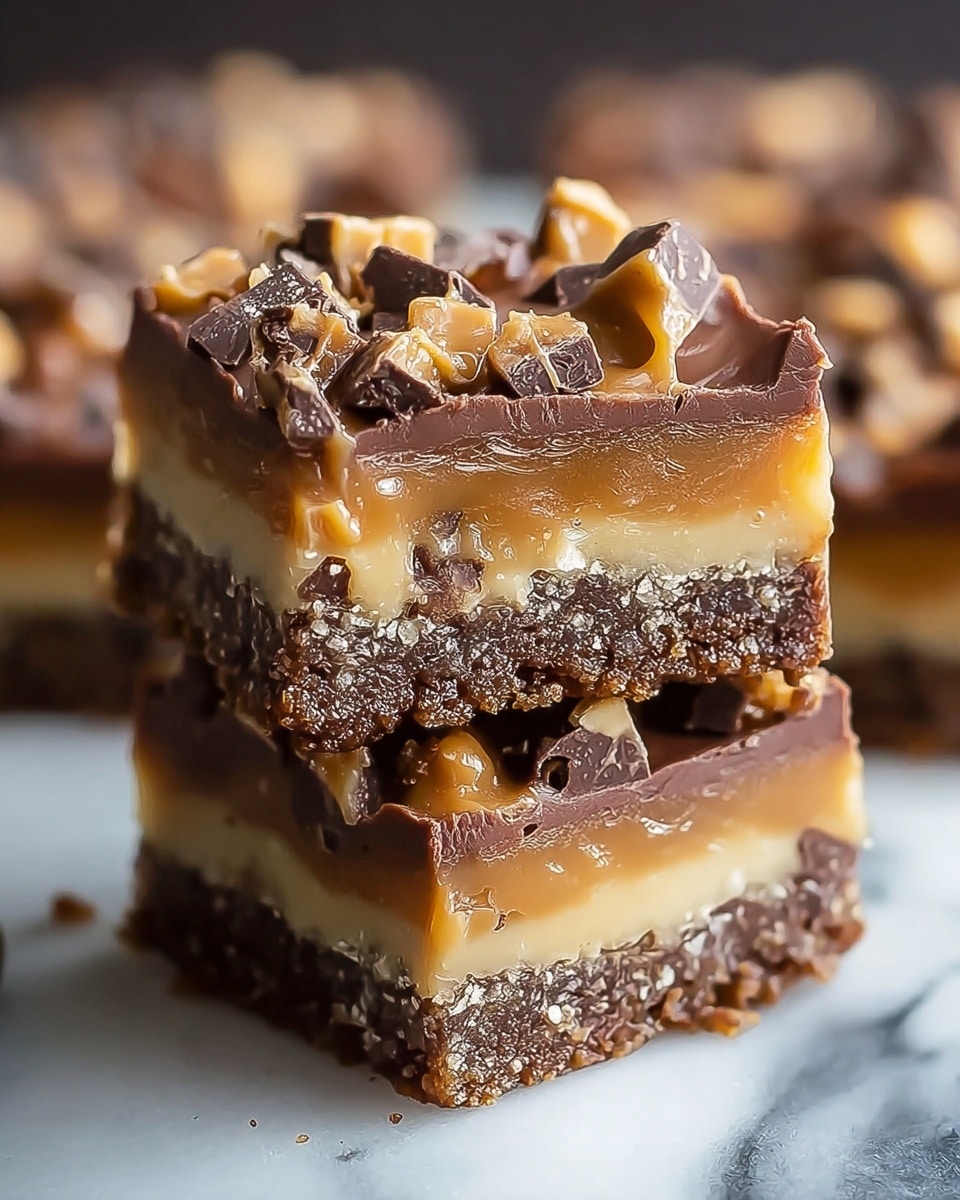 The image shows two square dessert bars stacked on top of each other against a white marbled surface. Each bar has three distinct layers: the bottom layer is a dark brown, thick chocolate crust that looks dense and firm; the middle layer is a lighter, gooey caramel with a smooth texture; the top layer is a crumbly light tan cookie dough mixed with small dark chocolate chunks scattered throughout. The top surface also has some larger melted chocolate swirls and more visible chunks of chopped nuts or toffee pieces, giving it a textured and rich appearance. photo taken with an iphone --ar 4:5 --v 7
