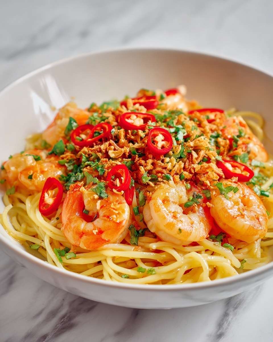 This image shows a bowl of shrimp pasta with multiple layers. The bottom layer is a bed of yellow spaghetti noodles with a slightly glossy texture. On top, there is a layer of shrimp, cooked to a golden orange color with a light char on some edges. Scattered over the shrimp and noodles are thin slices of red chili peppers and finely chopped green herbs. There is also a light sprinkling of crispy-looking brown bits, likely fried garlic or onions, adding texture and color contrast. The dish is served in a white bowl sitting on a white marbled surface. photo taken with an iphone --ar 4:5 --v 7