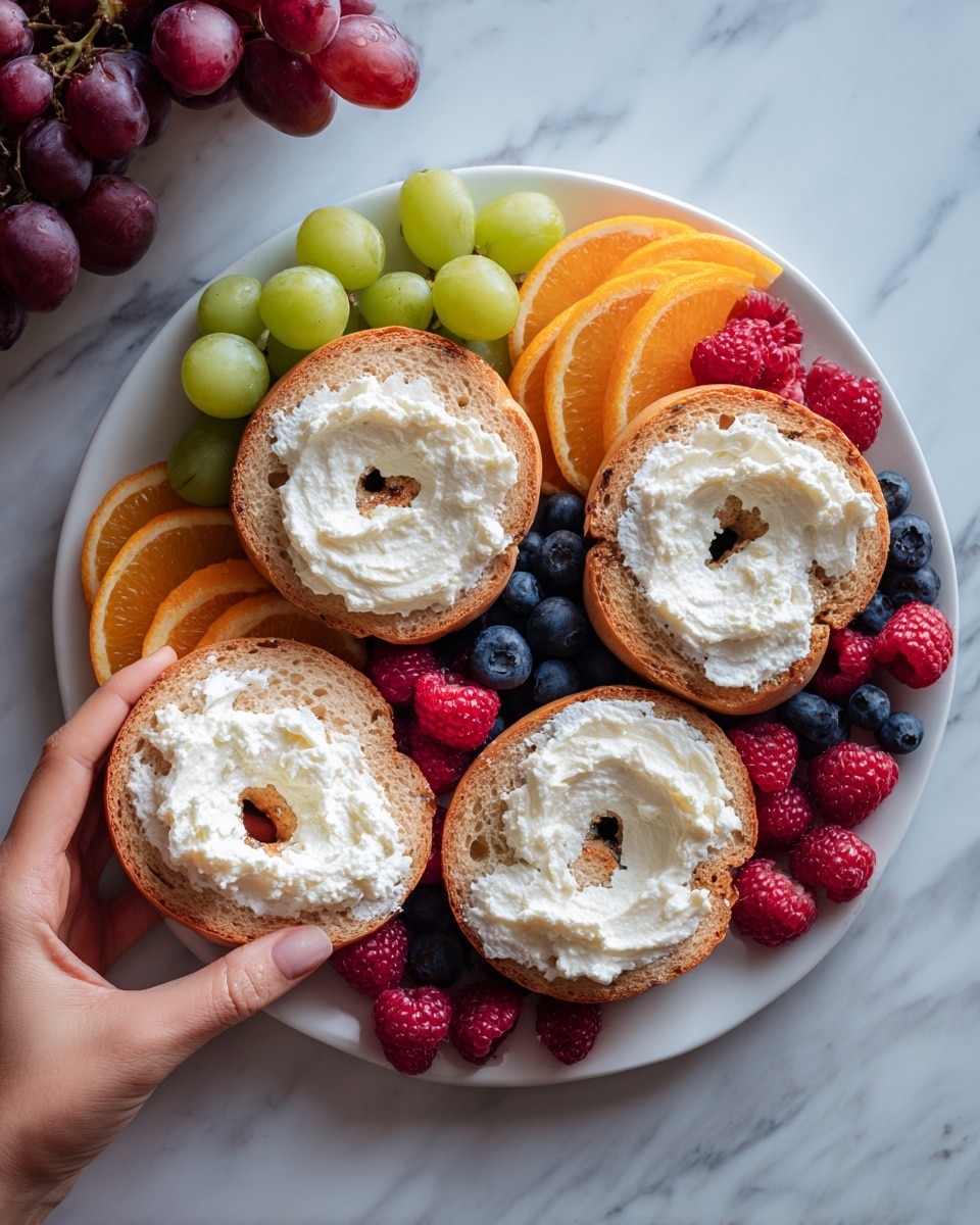A white round plate holds four bagels cut in half and filled with a thick layer of white cream cheese, each bagel topped with a small dollop of extra cream cheese, showing a golden brown, toasted crust with a slightly rough texture. Surrounding the bagels on the plate are fresh colorful fruits: red raspberries, light green grapes, dark red grapes, blueberries, and orange slices, arranged tightly together creating a vibrant, fresh border. The scene is set on a white marbled surface, with a woman's hand holding one of the bagels gently from the side. Photo taken with an iphone --ar 4:5 --v 7