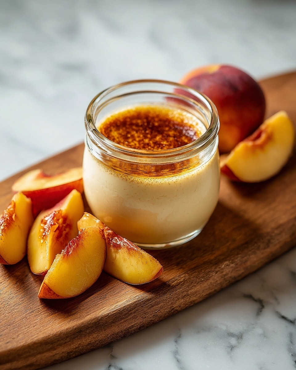 A small clear glass jar filled with creamy, light beige pudding topped with a golden caramelized layer. The jar is placed on a wooden board surrounded by fresh peach slices showing their yellow and red skin and juicy interior. The background is a white marbled surface. Photo taken with an iphone --ar 4:5 --v 7