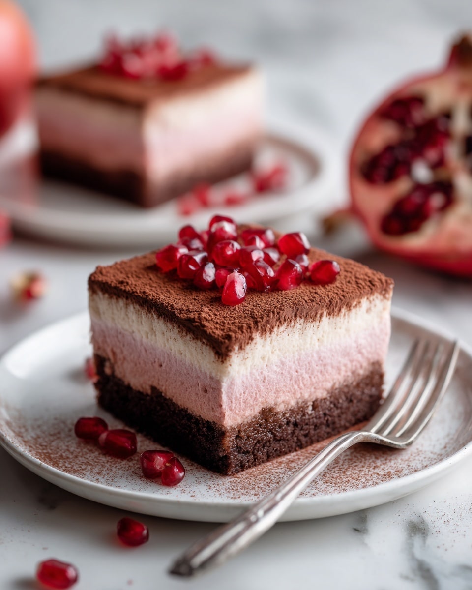 A square layered dessert sits centered on a white plate over a white marbled surface, featuring three clear layers: a thick dark brown bottom layer with a dense texture, a middle pale pink creamy layer, and a top layer of fine cocoa powder dusted evenly in rich brown. Several bright red pomegranate seeds are scattered on the top layer and around the plate, adding a pop of color, while a silver fork is placed in the lower foreground. The background is softly blurred, showing a second piece of the same dessert and a partially opened pomegranate. Photo taken with an iphone --ar 4:5 --v 7