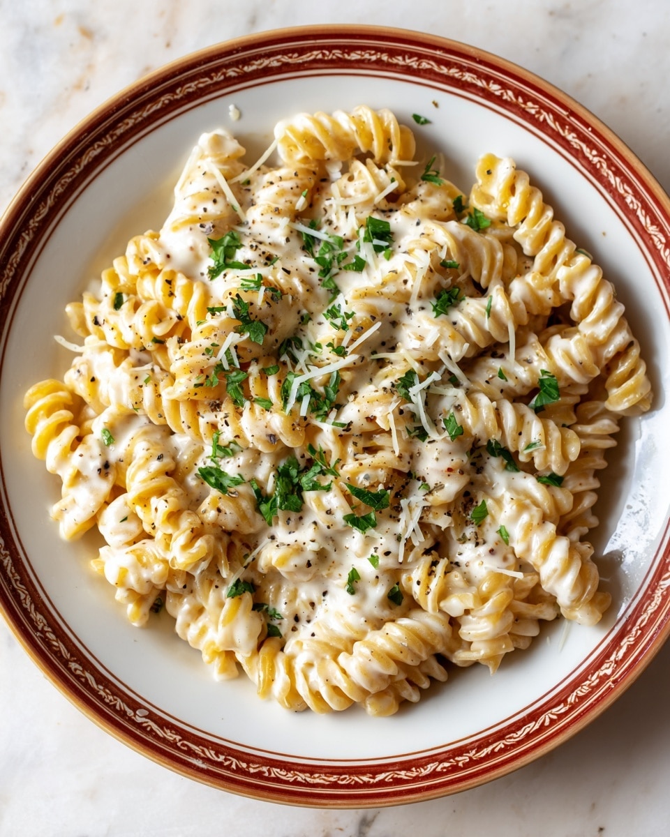 A white round plate holds a serving of rotini pasta covered with creamy white sauce. The sauce looks thick and smooth, clinging to the spiraled pasta. On top, finely chopped green parsley is scattered, along with small shreds of white cheese and a light sprinkle of black pepper. The plate has a brown and red decorative rim and rests on a white marbled surface. photo taken with an iphone --ar 4:5 --v 7