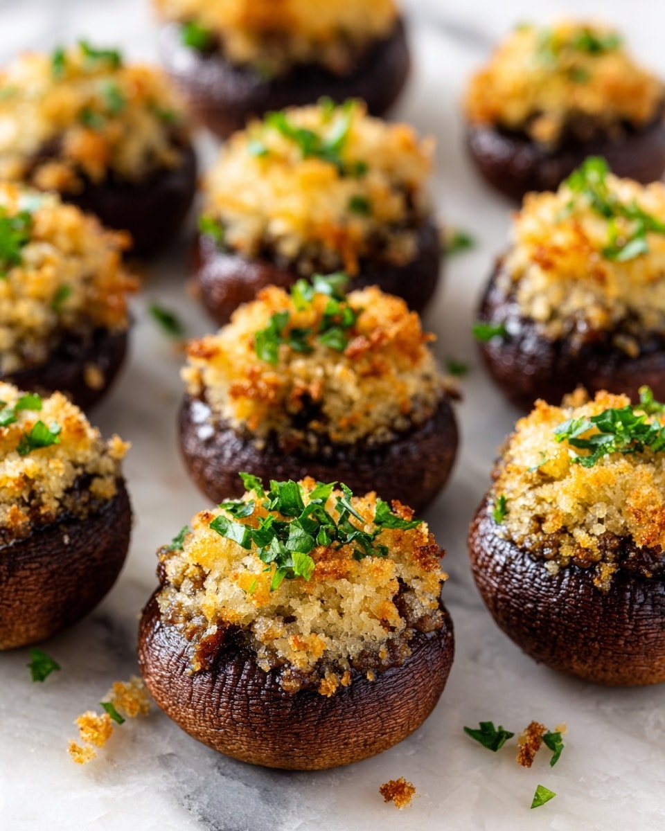 The image shows several stuffed mushrooms arranged close together on a white marbled surface. Each mushroom has a dark brown, textured cap at the bottom, topped with a thick layer of golden, crumbly breadcrumb mixture that is slightly browned on top. The breadcrumb layer looks crispy and uneven, adding a rough texture. Small green chopped herbs are sprinkled on top and scattered around the mushrooms, adding a fresh color contrast. Some breadcrumbs are also scattered on the surface, giving a casual and fresh look. Photo taken with an iphone --ar 4:5 --v 7