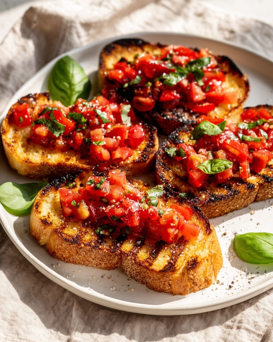 Four pieces of toasted bread are arranged on a white plate with a white marbled texture background. Each slice has a well-grilled golden-brown crust with visible char marks. On top of each slice is a layer of diced bright red tomatoes mixed with small pieces of fresh green basil leaves, sprinkled with black pepper and a light drizzle of olive oil. Some tomato pieces and basil leaves fall onto the plate around the bread. The light casts soft shadows, highlighting the fresh and juicy texture of the tomatoes and the crisp surface of the grilled bread. Photo taken with an iphone --ar 4:5 --v 7