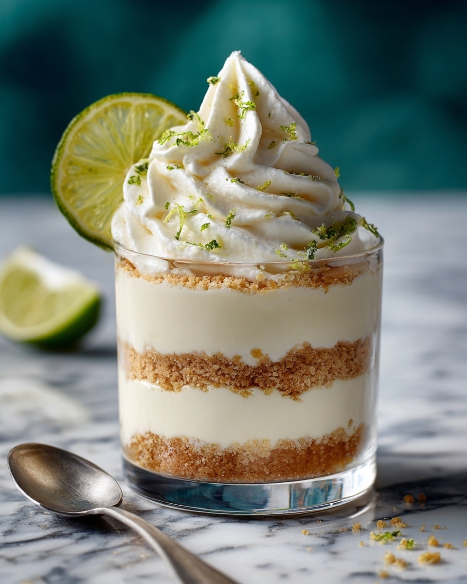 The image shows a clear glass filled with a layered dessert placed on a white marbled surface. The dessert has five visible layers, starting with a smooth white creamy layer at the bottom, followed by a light brown crumbly layer. This is topped again by a white creamy layer, then another crumbly light brown layer, and finished with a thick white cream layer on top. There is a thin slice of lime placed on the rim of the glass and some green lime zest sprinkled over the top cream. A silver spoon lies next to the glass. Photo taken with an iphone --ar 4:5 --v 7