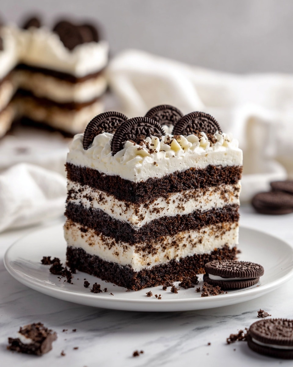 The image shows a square slice of cookies and cream layered dessert on a white plate. The dessert has multiple layers starting with a dark chocolate cookie base, followed by a creamy white layer with cookie bits, and this pattern repeats. The top layer is white cream sprinkled with whole mini chocolate sandwich cookies. More mini cookies and crumbs are scattered around the plate on a white marbled surface, adding texture and contrast. In the background, there is a blurred larger portion of the same dessert. The photo is taken with an iphone --ar 4:5 --v 7