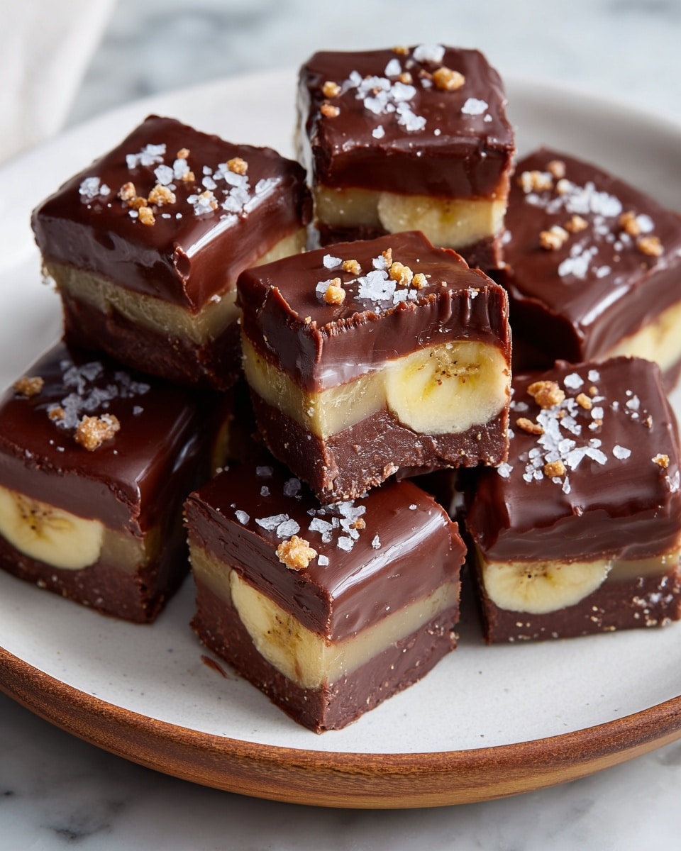 A white plate is filled with small square pieces of banana covered in smooth, dark chocolate with a shiny finish. Each piece is sprinkled with coarse white salt flakes and small bits of golden crumbs on top. The banana inside is yellow with a soft texture, visible in two pieces cut in half and placed leaning against the others. The chocolate coating appears thick and glossy, tightly wrapped around the banana. The plate rests on a white marbled surface, adding a clean and elegant look to the scene. photo taken with an iphone --ar 4:5 --v 7