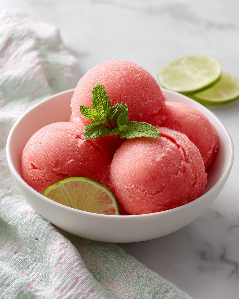 A white bowl filled with four round scoops of bright pink sorbet with a smooth, slightly icy texture. On top of the scoops sits a small sprig of fresh green mint leaves. In the background, there is a white marbled surface with a sliced lime barely visible. The overall look is fresh and cool, with a soft natural light. Photo taken with an iphone --ar 4:5 --v 7