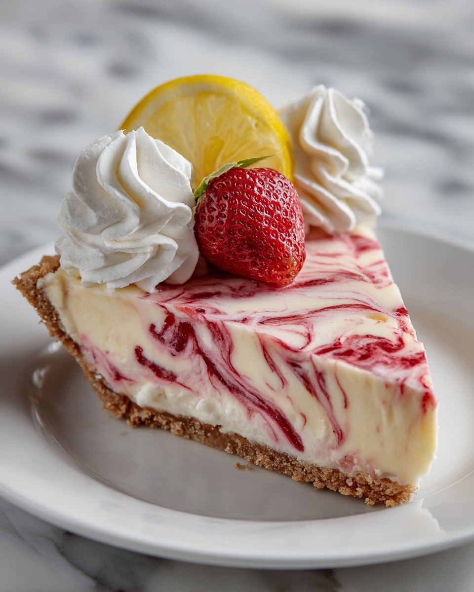 A slice of pie on a white plate with a golden brown crust visible at the bottom and edges. The pie filling is creamy white with pinkish-red swirls that create a marbled effect. On top of the pie slice, near the back edge, there is a dollop of white whipped cream with soft, fluffy texture, and a fresh red strawberry sits on this cream. A thin lemon slice is placed behind the whipped cream, adding a bright yellow color contrast. The plate is set on a white marbled surface. photo taken with an iphone --ar 4:5 --v 7