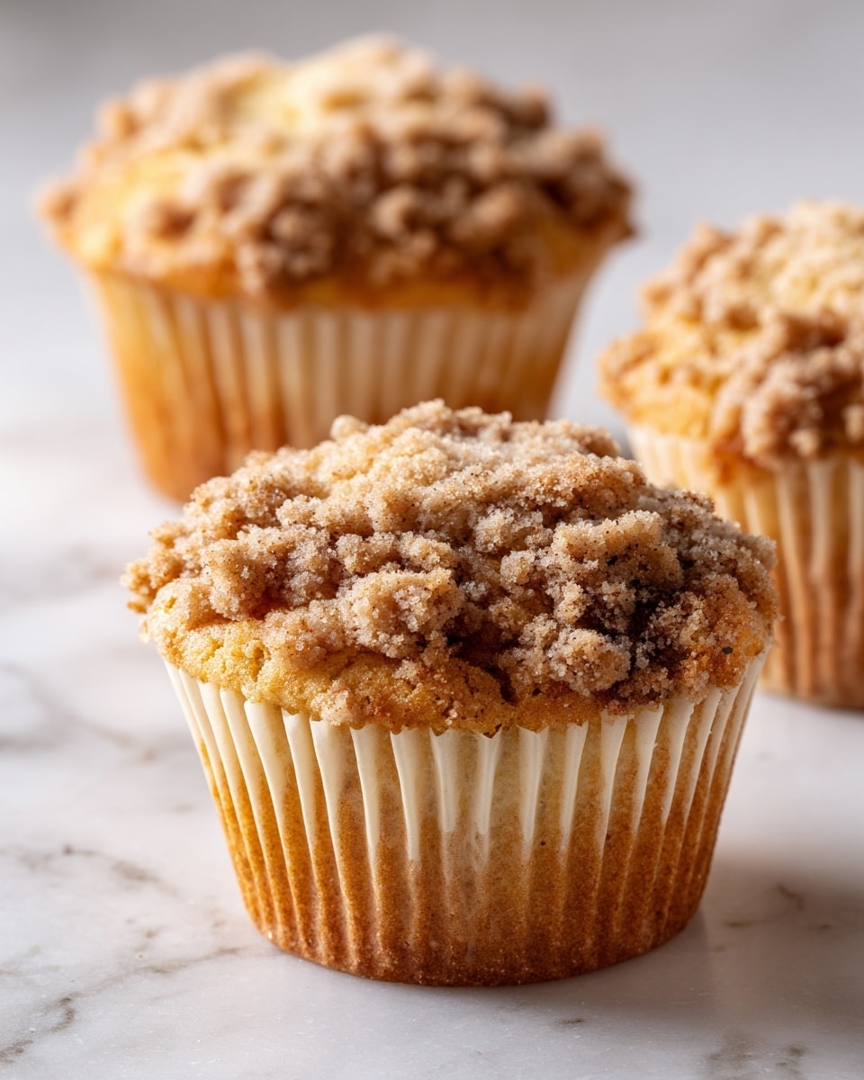 Three golden brown muffins with crumbly streusel topping are shown close up on a white marbled surface. Each muffin has a soft, slightly rough texture at the bottom layer with a light, fluffy crumb. The top layer is covered with a thick, uneven crumb topping in a deeper brown shade, giving a crunchy look. The muffins are in white paper liners that gently hug the base, and the lighting softly highlights the textures and warm colors, making them look freshly baked and inviting. Photo taken with an iphone --ar 4:5 --v 7