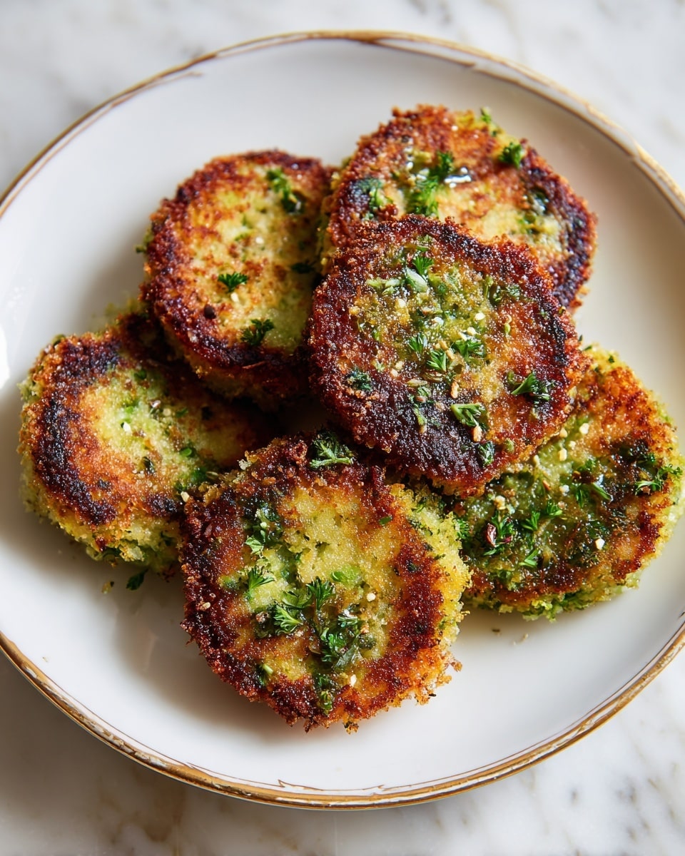 The image shows a close-up of six golden-brown patties with a crispy crust and bits of green herbs visible inside. The patties look thick with uneven, crunchy edges and a soft inner texture. They are arranged closely on a white plate with a thin gold rim, placed on a white marbled surface. The overall colors include golden brown, light green, and some darker green spots from the herbs scattered inside. The lighting highlights the texture and the colors of the patties clearly. photo taken with an iphone --ar 4:5 --v 7