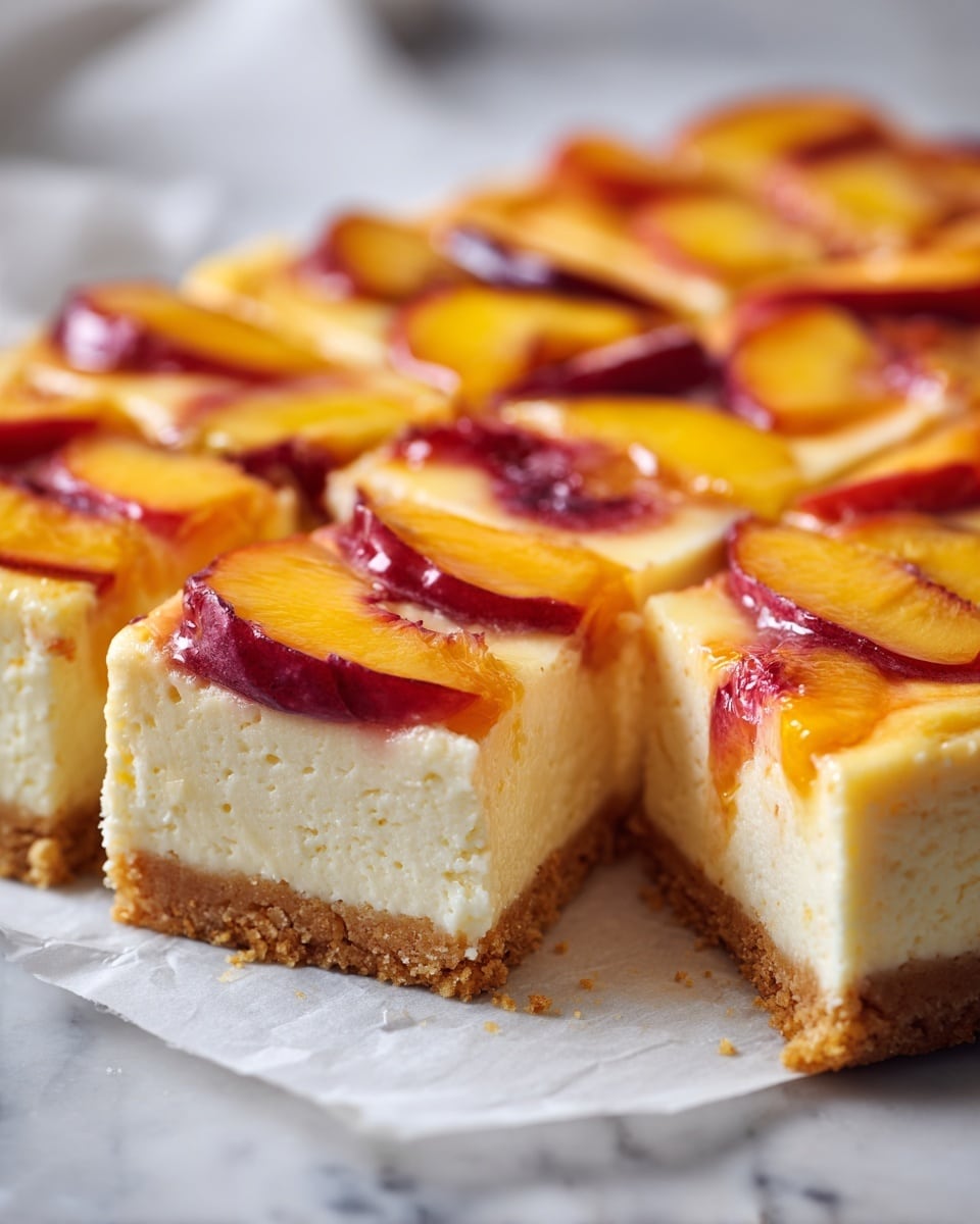 A rectangular dessert with two layers sits on a white marbled board: the bottom layer is a light golden crust, and the top layer is a creamy pale yellow custard embedded with scattered orange-yellow peach slices with reddish skin. The dessert is sliced into smaller square and rectangular pieces, with some pieces slightly separated on the right side. Photo taken with an iphone --ar 4:5 --v 7