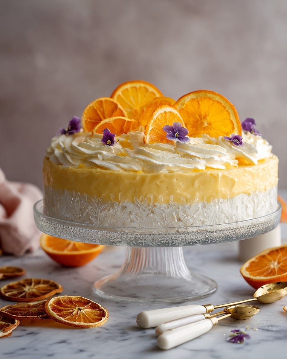 A round cake with three visible layers sits on an ornate clear glass cake stand; the bottom layer is white cream, the middle layer is a thick, creamy pale yellow orange curd with a smooth texture, and the top layer is white cream with swirls of the yellow orange curd. On top, dried bright orange slices are arranged in a fan shape on the left, decorated with small bright purple flowers. A fresh orange slice sits in the center, also adorned with purple flowers. The cake is placed on a white marbled surface scattered with more dried orange slices and surrounded by wooden and white measuring spoons and a striped cloth. Photo taken with an iphone --ar 4:5 --v 7