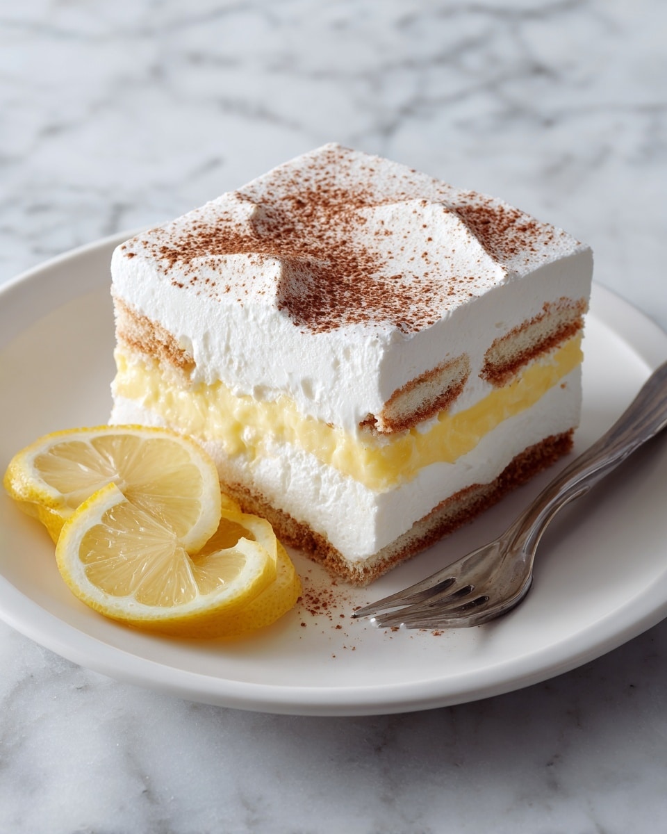 The image shows two square pieces of layered dessert on a white plate with a silver fork beside them. Each piece has three visible layers: the bottom is a light brown cookie or biscuit base, the middle is a thick white cream layer with streaks of pale yellow lemon filling, and the top is a smooth layer of cocoa powder dusted over the cream. Two lemon slices are placed at the back edge of the plate. The setting is on a white marbled surface. Photo taken with an iphone --ar 4:5 --v 7