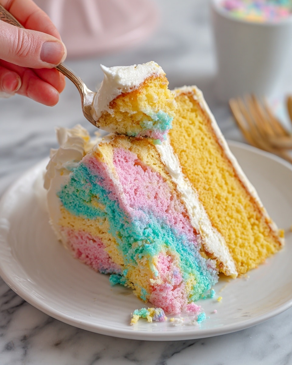 The image shows a slice of colorful layered cake on a white plate, placed on a white marbled surface. The cake has four layers with two thick yellow sponge layers on the top and bottom, and between them are two layers filled with swirls of pink, blue, and turquoise colors. The cake is topped with a thick layer of smooth, white frosting. A fork is lifting a bite-sized piece of the cake, showing the same colorful pattern inside with frosting on top. There are a few crumbs scattered on the plate around the cake. Photo taken with an iphone --ar 4:5 --v 7