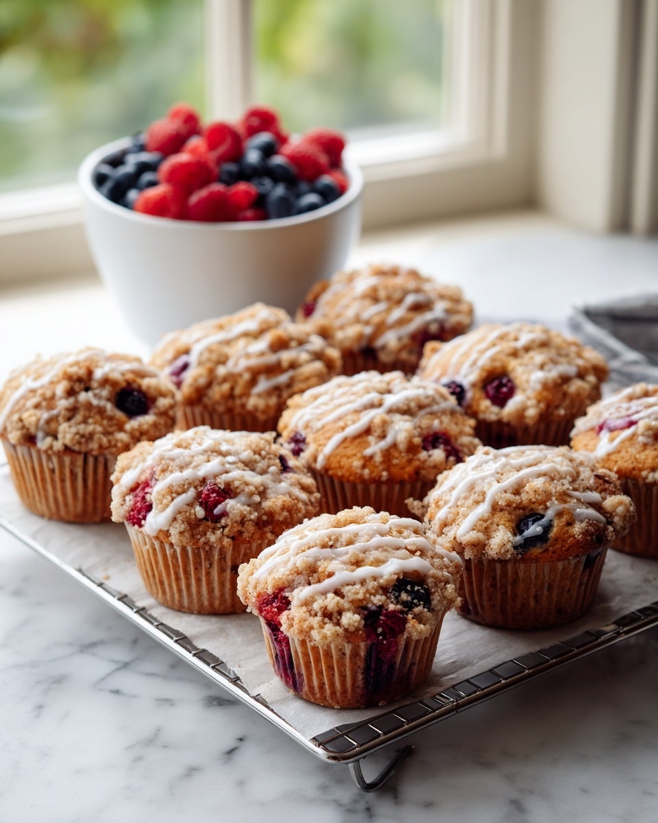 The image shows a tray of twelve golden-brown berry cream cheese muffins arranged on a cooling rack over parchment paper on a baking sheet. Each muffin has a crumbly, textured top sprinkled with streusel, dotted with red raspberries and dark blueberries, and lightly drizzled with white icing that runs down the sides. The muffins are in paper liners and have a soft, slightly crumbly look. In the background, there is a small white bowl filled with fresh blueberries and raspberries placed on a white marbled surface near a window. The light coming through the window highlights the texture and colors of the muffins. Photo taken with an iphone --ar 4:5 --v 7