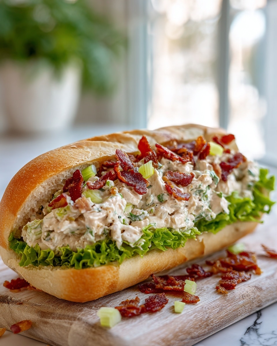 A large sandwich on a soft, golden brown sub roll sits on a wooden cutting board against a white marbled surface. The sandwich has four visible layers: at the bottom, bright green leafy lettuce peeks out; next, there are creamy white diced chicken pieces mixed with ranch dressing dotted with black pepper and herbs, some dressing slightly dripping onto the board. On top of the chicken layer are small, bright green celery pieces and diced red tomatoes. The sandwich is finished with a generous topping of crispy, dark reddish-brown bacon bits, some scattered around the board. The sandwich is slightly open to show all textures and colors clearly. Photo taken with an iphone --ar 4:5 --v 7