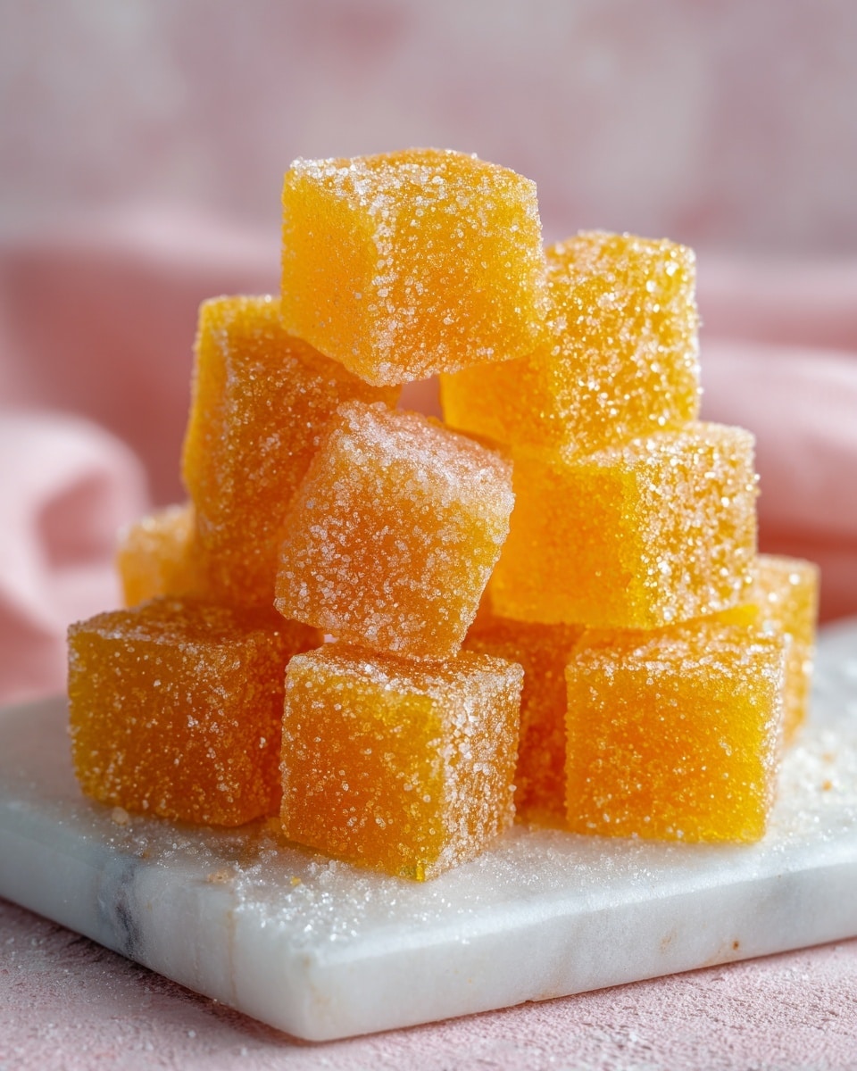 The image shows a white rectangular plate placed on a soft pink cloth over a white marbled surface. On the plate, there is a neat pile of small, square-shaped yellow-orange jelly candies. Each candy has a slightly rough texture and is coated evenly with a sparkling layer of sugar crystals, giving them a sweet and frosted appearance. The candies are stacked in a casual pyramid form with some pieces leaning against each other. In the background, a white cup is slightly blurred, adding to the cozy setting. Photo taken with an iphone --ar 4:5 --v 7