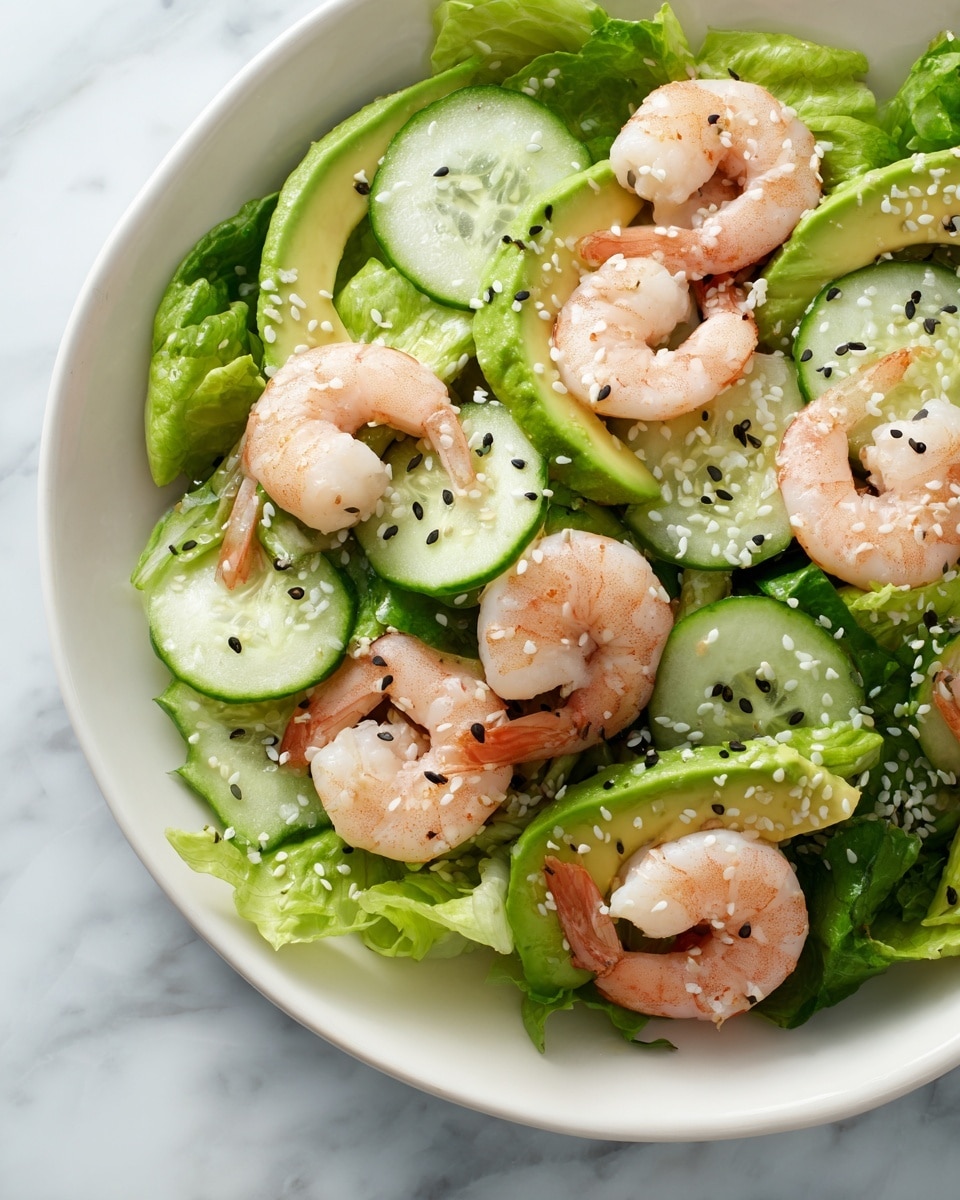 The image shows a bowl filled with a fresh shrimp salad. The bottom layer consists of green lettuce leaves giving a soft, leafy texture. On top of the lettuce, there are thick slices of bright green cucumber with smooth, curved edges. Pink shrimp curl softly over the cucumber slices, each shrimp topped with black and white sesame seeds adding small speckled details. Thin slices of avocado layered alongside the shrimp add a creamy light green color and smooth texture to the dish. The bowl is white with a stone-like texture on the inside, placed on a white marbled surface, and the light highlights the fresh colors and textures of each layer. Photo taken with an iphone --ar 4:5 --v 7