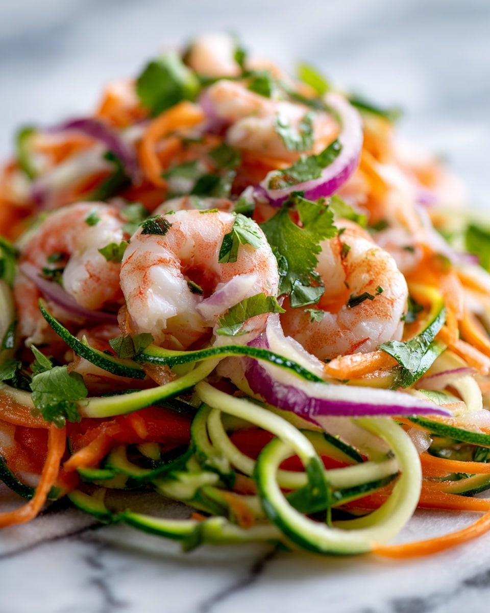 The image shows a close-up of a fresh shrimp salad with several layers and colors. At the base is a layer of thin, green spiralized zucchini and orange carrot strips, adding a crunchy texture. On top of this is a layer of pinkish-white cooked shrimp, slightly curled and garnished with small green cilantro leaves scattered throughout. Thin rings of purple onion are mixed in, creating a contrast with the greens and shrimp. The salad looks fresh, light, and colorful, set against a white marbled surface. Photo taken with an iphone --ar 4:5 --v 7