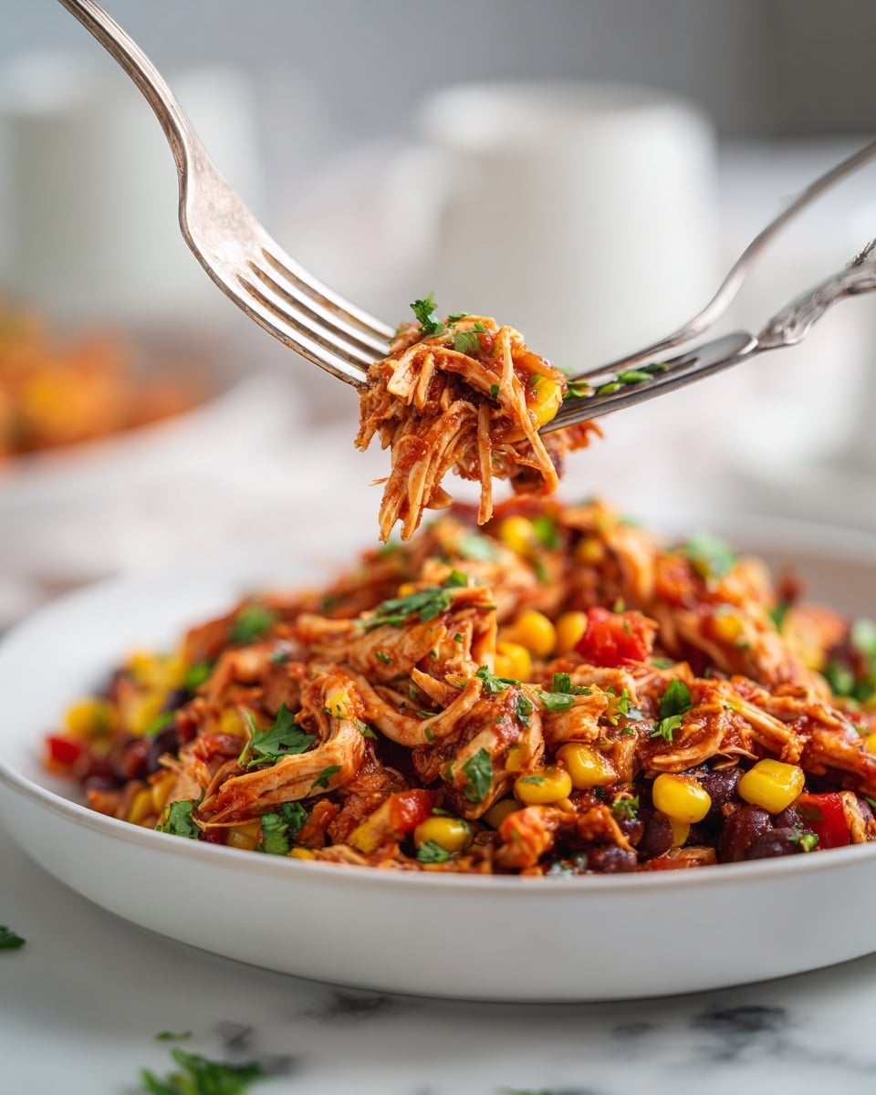 The image shows a bowl filled with shredded chicken mixed with bright yellow corn, black beans, and small pieces of red and green bell peppers, all in a rich, reddish-orange sauce. The top layer has visible textures of soft chicken strands and juicy vegetables with some fresh green cilantro leaves scattered around. A woman's hand is using two forks to lift a portion of the chicken and vegetables above the bowl, creating a sense of motion and showing the tender texture of the chicken and the chunky sauce dripping slightly. The bowl is white, placed on a white marbled surface, with a white cup and stacked plates blurred in the background. Photo taken with an iphone --ar 4:5 --v 7