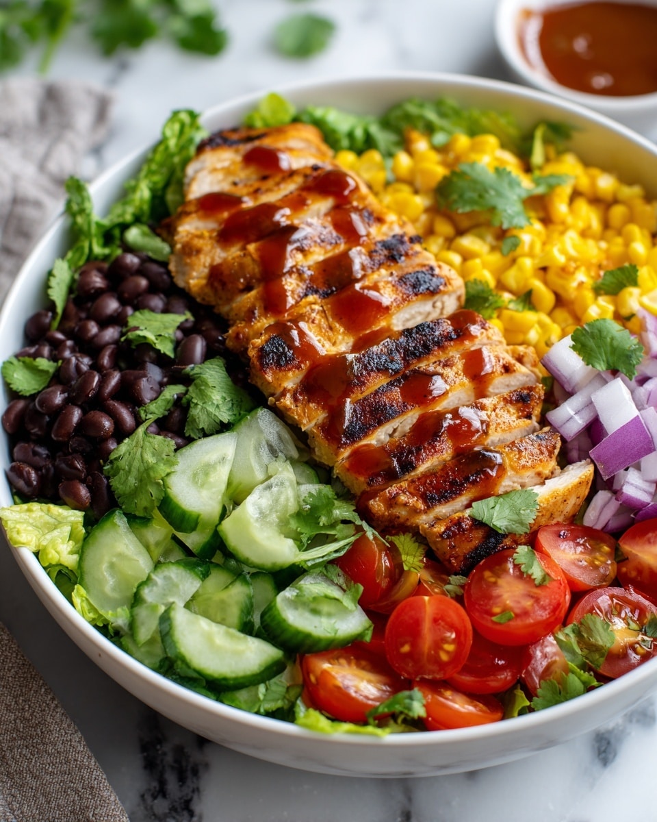 A white bowl filled with a colorful salad showing three clear layers: the bottom layer is made of fresh, bright green lettuce pieces, followed by a mixed layer of black beans, yellow corn, diced green cucumbers, red tomatoes, and thin purple onion rings, all mixed with green cilantro leaves. On top, there is a layer of thick, juicy grilled chicken breast slices with golden-brown grill marks and a shiny dark reddish glaze sauce drizzled over them, placed neatly in the center. The bowl is set on a white marbled surface. Photo taken with an iphone --ar 4:5 --v 7