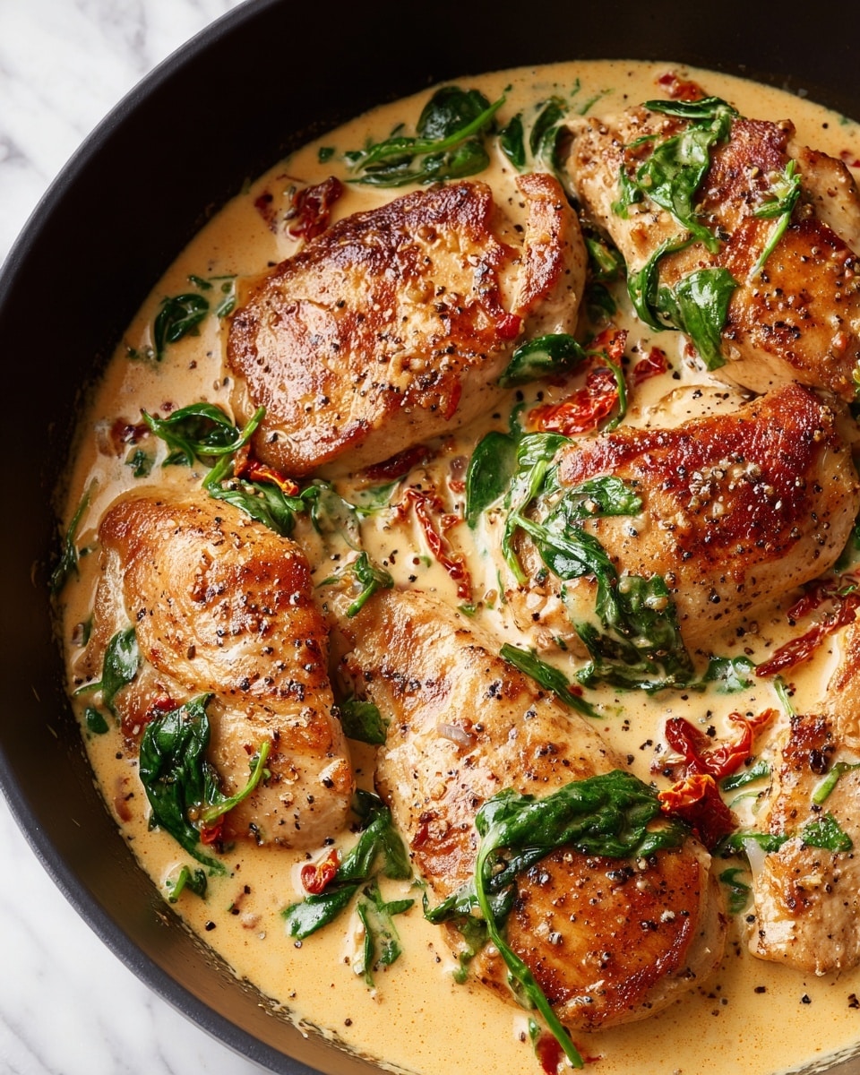 A close-up view of a black pan filled with several pieces of cooked chicken breast covered in a creamy light beige sauce with green spinach leaves mixed throughout. The sauce is smooth with specks of black pepper and bits of sun-dried tomatoes that add dark brown and reddish pops of color. The chicken is tender with some browned grilled marks visible under the sauce. The pan’s curved edges contain the creamy sauce pooling around the chicken. The background is a white marbled texture. photo taken with an iphone --ar 4:5 --v 7
