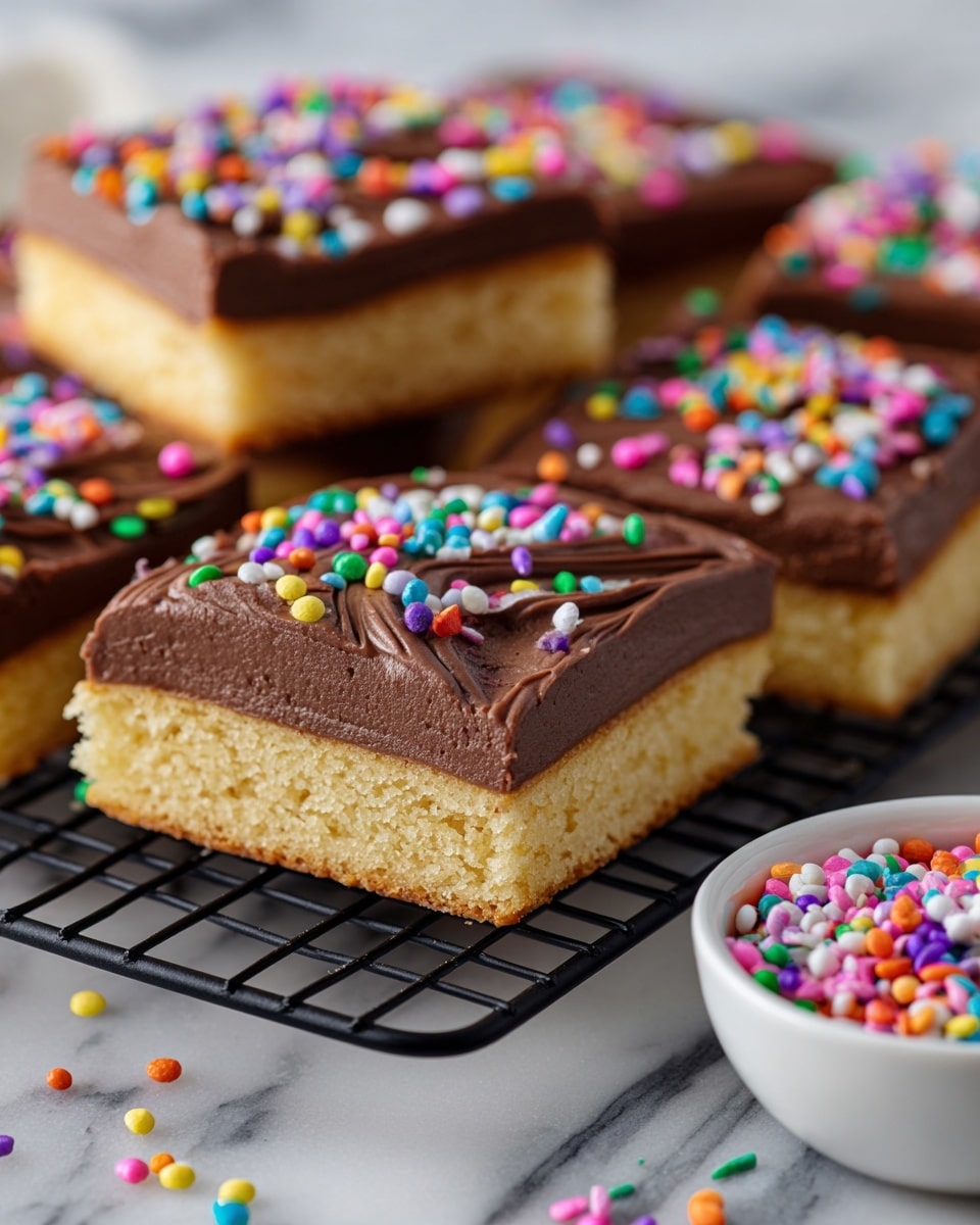 The image shows multiple square cookies arranged on a metal cooling rack over a white marbled surface. Each cookie has two visible layers: a light tan base baked cookie layer and a thick, smooth layer of dark brown chocolate frosting spread evenly on top. Brightly colored round sprinkles in hues of pink, green, yellow, blue, purple, orange, and white are scattered unevenly over the frosting. To the right side of the image, there is a white bowl filled with the same colorful sprinkles. The overall look is neat and vibrant, with the cookies spaced apart and the frosting texture clearly visible. Photo taken with an iphone --ar 4:5 --v 7
