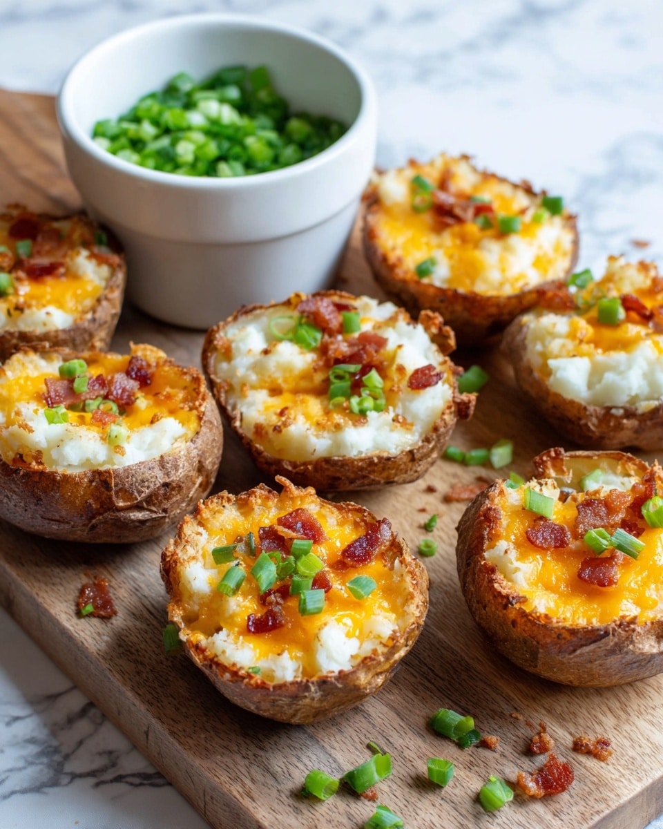 The image shows several potato skins arranged on a wooden board with a small white bowl of chopped green onions in the top left corner. Each potato skin has three visible layers: the bottom layer is the crispy brown potato shell, the middle layer is a creamy white mashed potato filling, and the top layer is melted bright orange cheddar cheese with small pieces of crispy bacon and chopped green onions scattered on top. The colors contrast well with the dark wooden board underneath, and the textures vary from crispy and smooth to gooey and chunky. photo taken with an iphone --ar 4:5 --v 7