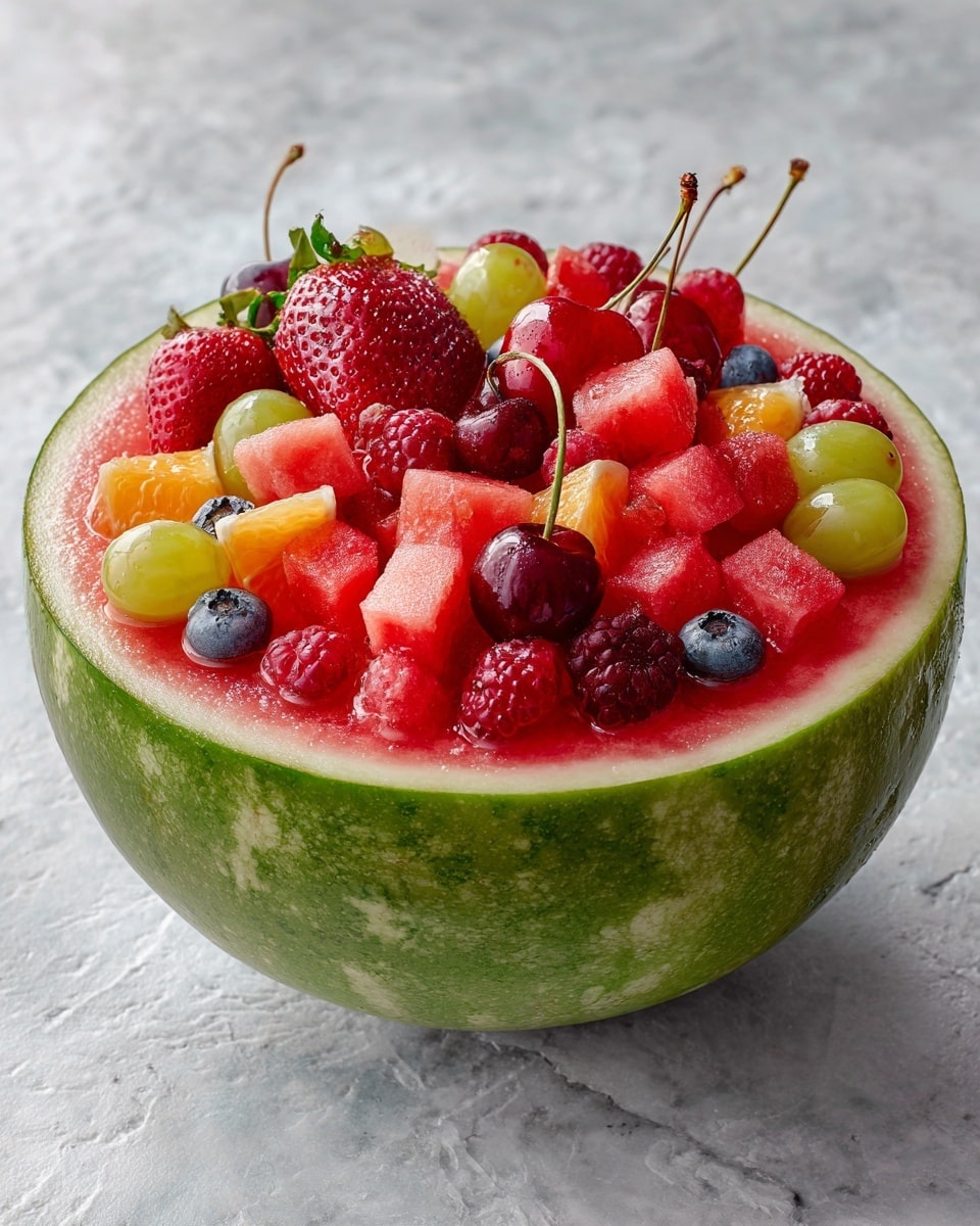 A close-up view of a hollowed-out watermelon half filled with a colorful mix of fresh fruits. The outer green rind forms a thick border around the bright red watermelon flesh that lines the inside. The fruit salad inside includes layers of red strawberries cut into halves and slices, shiny dark red cherries with stems, small bright orange mandarin segments, round green grapes, plump blue blueberries, small red raspberries, and square chunks of red watermelon. All the fruits look juicy and fresh, glistening with moisture under soft light. The watermelon boat rests on a white marbled surface. photo taken with an iphone --ar 4:5 --v 7