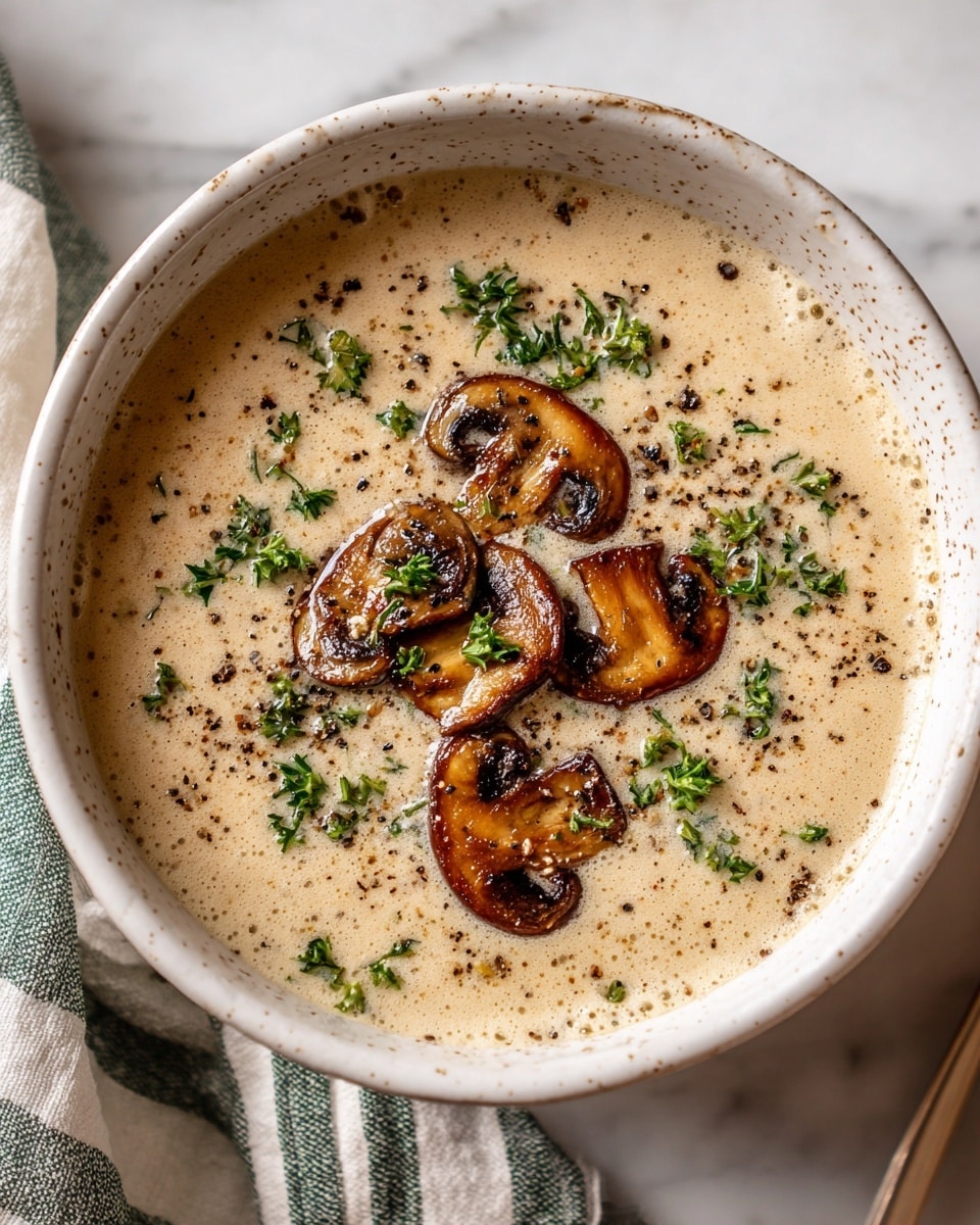 A close-up of a creamy soup served in a white bowl, filled to the top with a thick, beige-colored base mixed with small white curds. On top, there are seven slices of browned mushrooms scattered unevenly, along with a sprinkle of chopped green herbs and coarse black pepper. The bowl rests on a white marbled surface, giving a clean and bright setting to the warm, textured soup. photo taken with an iphone --ar 4:5 --v 7