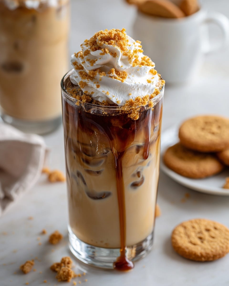 A clear glass filled with a cold iced coffee drink, showing light brown coffee mixed with ice cubes inside. The coffee has thick caramel sauce dripping down the inside edges of the glass. On top, there is a large swirl of white whipped cream sprinkled with light brown cookie crumbs. The glass sits on a white marbled surface with cookie crumbs scattered around, and in the blurred background, there is another glass with a similar drink and a white plate holding three round cookies. photo taken with an iphone --ar 4:5 --v 7