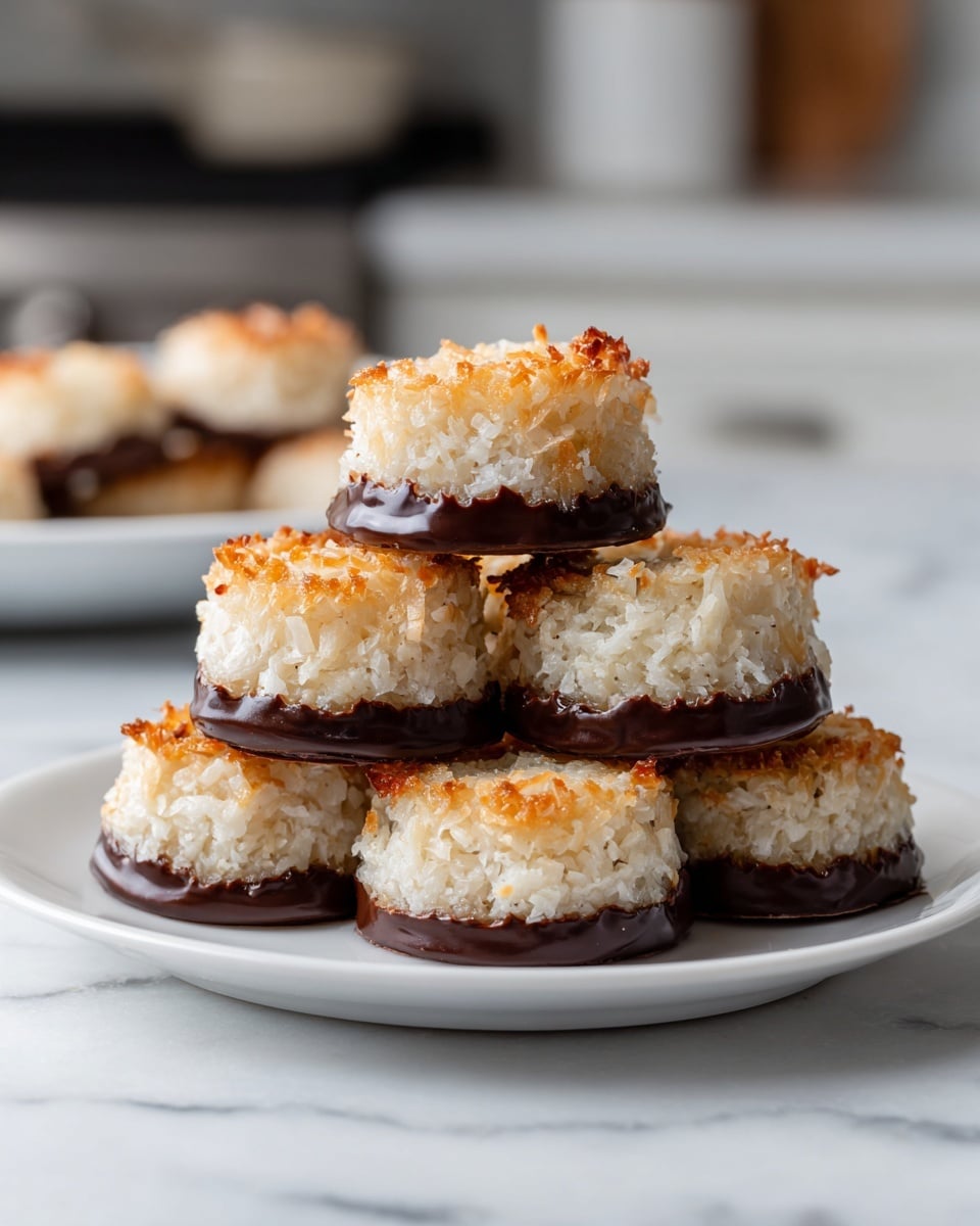 A white plate holds a small pyramid of seven round coconut treats, each with two visible layers: a thick, rough-textured off-white coconut top layer, and a smooth dark brown chocolate base and rim that covers the bottom and wraps slightly up the sides. The coconut parts look toasted with a slight golden brown on some edges. The plate is on a white marbled surface with a blurred kitchen background. photo taken with an iphone --ar 4:5 --v 7