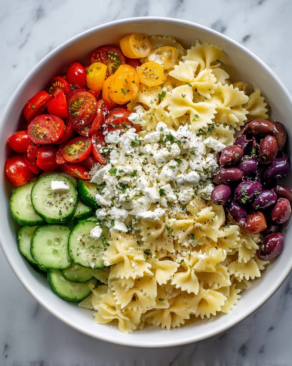 A white bowl filled with a colorful pasta salad showing three main layers: the bottom layer is light yellow bowtie pasta with a slightly glossy texture, the middle layer includes halved red and yellow cherry tomatoes, sliced green cucumbers with visible seeds, and whole dark purple and light green olives, and the top layer is scattered with white crumbled feta cheese and a sprinkle of black pepper and herbs. The mix is fresh and vibrant, with the pasta and vegetables evenly mixed and some olives and cheese pieces resting on top, photo taken with an iphone --ar 4:5 --v 7