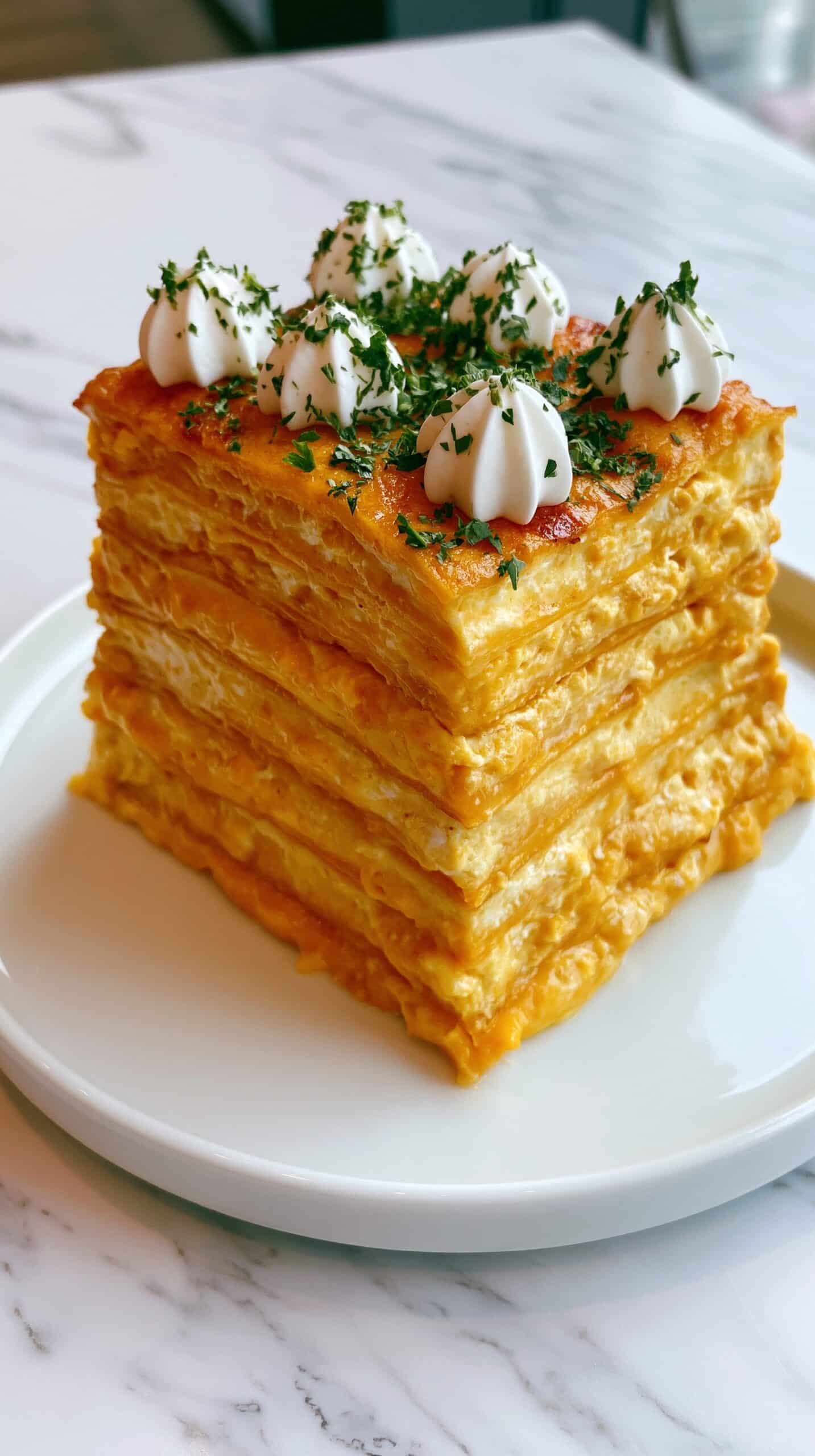 A close-up view of a thick square slice of lasagna with multiple visible layers, each consisting of smooth, creamy orange cheese sauce and soft pasta sheets stacked evenly on top of each other. The top layer is covered with melted yellow-orange cheese that is slightly golden and gooey, with a dollop of white sour cream in the center. Small green herbs are sprinkled on top, adding a fresh touch. The lasagna sits on a simple white plate placed on a white marbled surface, with a blurred green plant in the background. photo taken with an iphone --ar 4:5 --v 7
